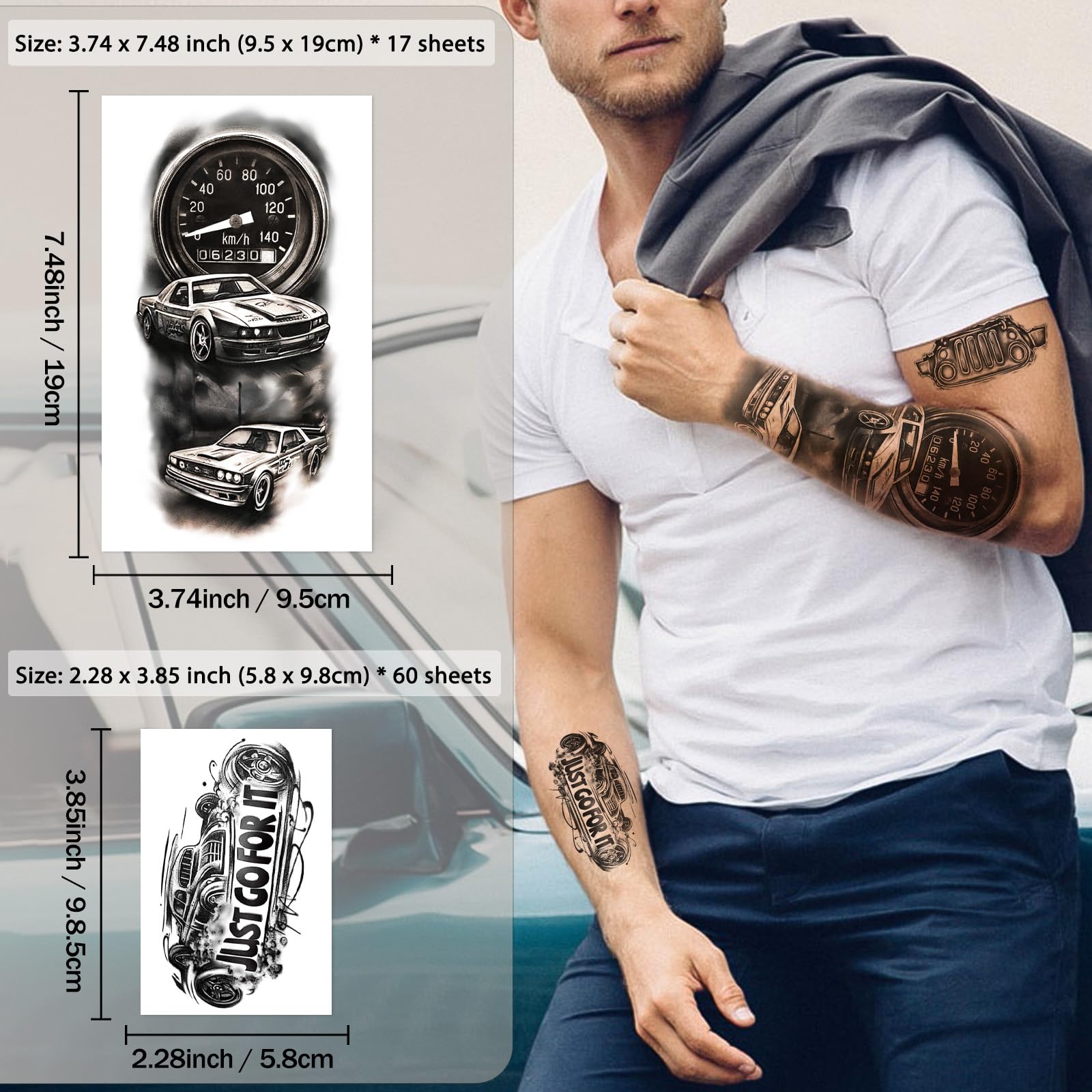 77 Sheets Realistic Car Temporary Tattoos for Adults & Kids - Waterproof Fake Tattoo Stickers (17 Half Arm Race Car + 60 Black Holiday Truck Designs) - Perfect for Parties, Halloween, Cosplay & Car Enthusiasts
