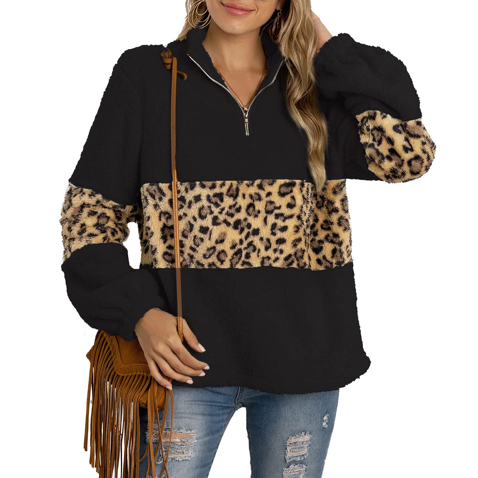 Women's Leopard Print Stand Collar Zip Up Sweatshirt - Soft Casual Pullover Hoodie for Everyday Wear (White, Size M) | Perfect for Streetwear, Lounge & Fall Fashion
