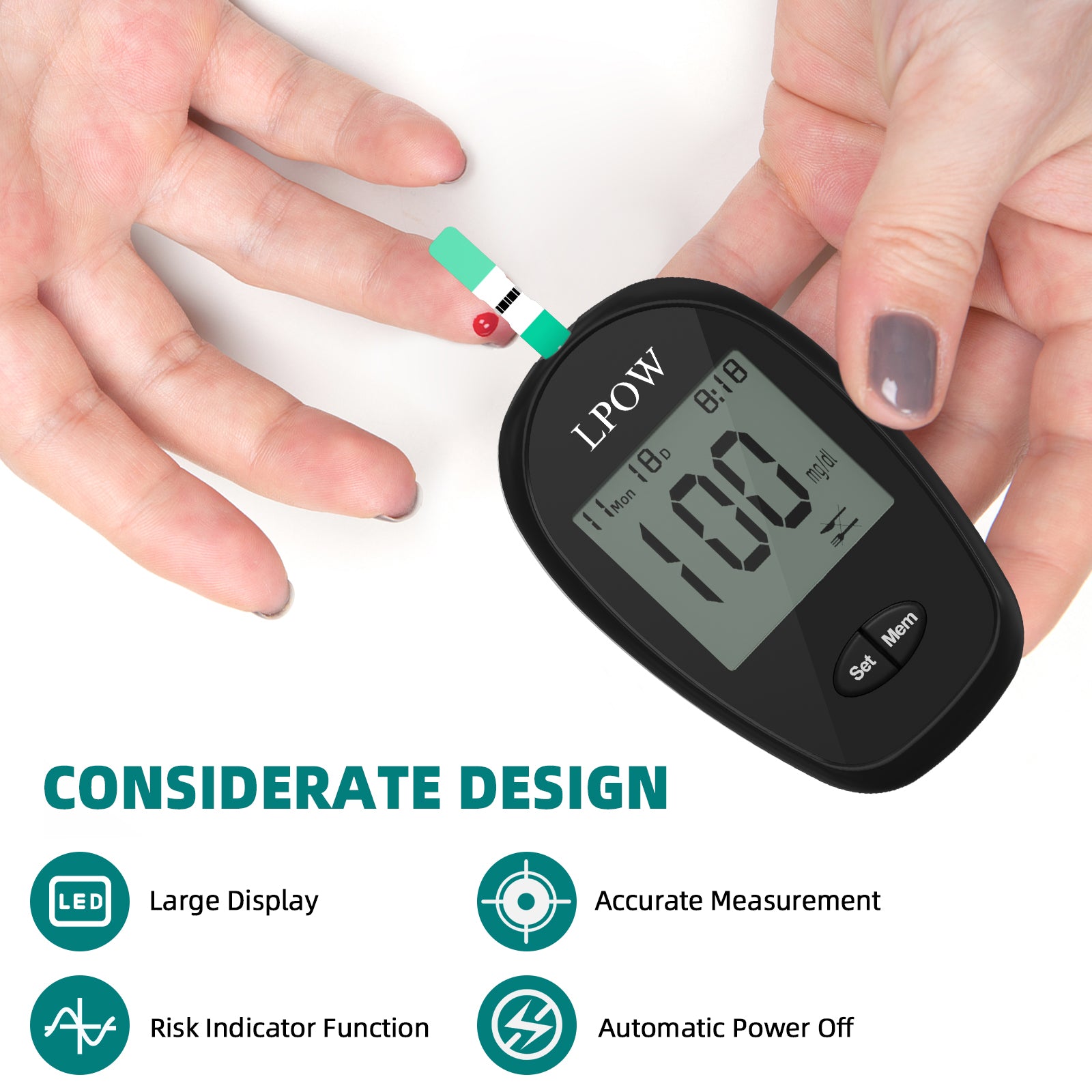 LPOW Blood Glucose Monitor Kit - 100 Test Strips, 100 Lancets, Glucose Meter, Control Solution, Lancing Device & Travel Case | Home Diabetes Testing for Adults & Seniors
