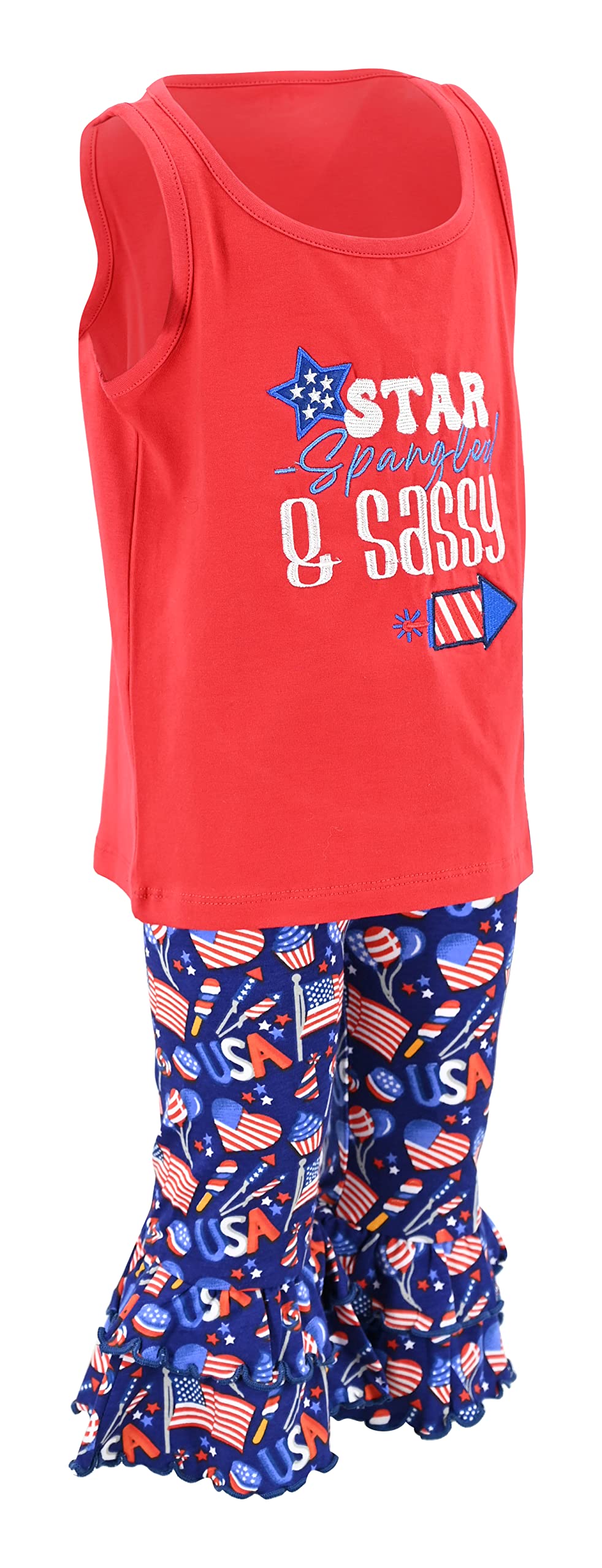 4th July Baby Girl Embroidered Capri Set (3Y, Red) - Patriotic Outfit