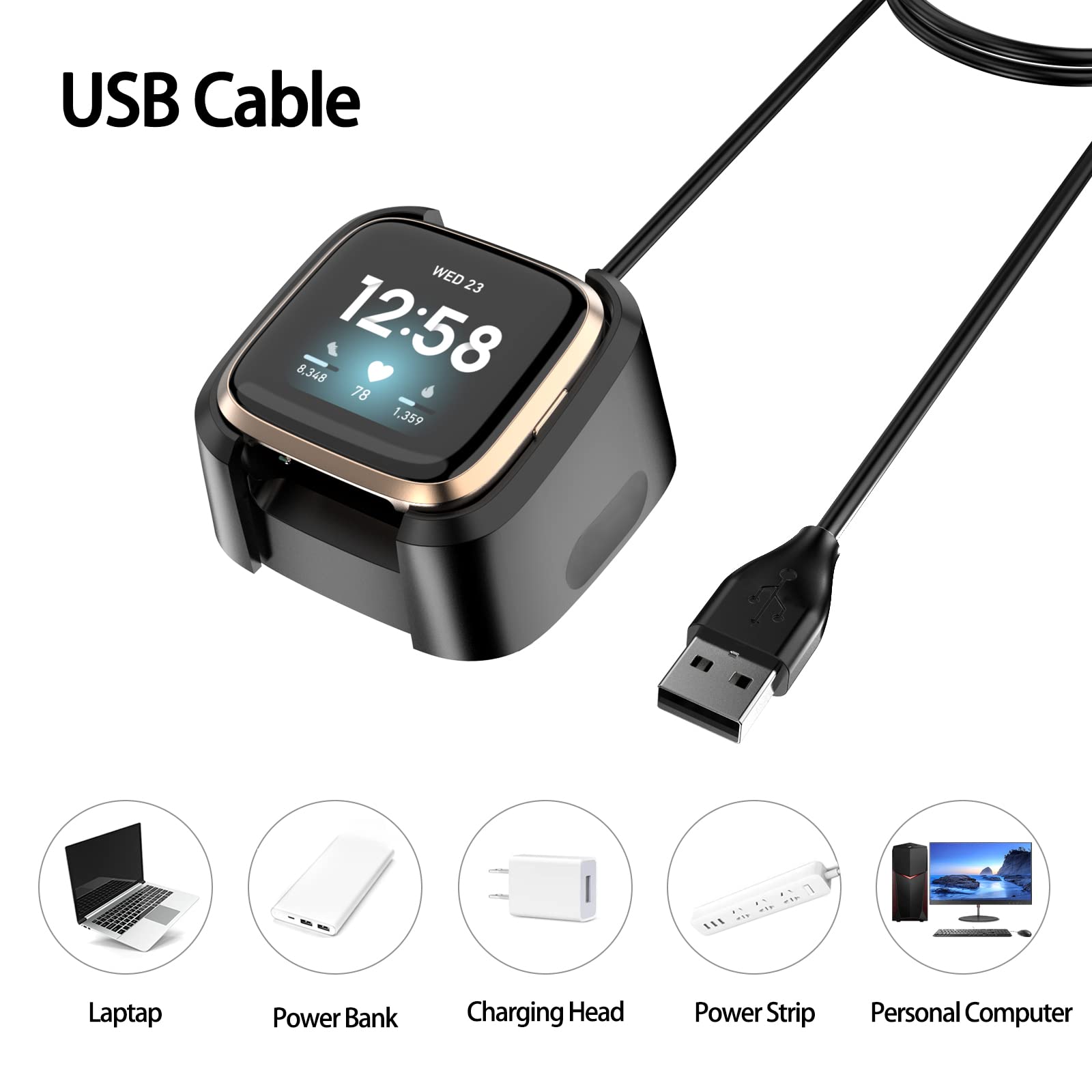 AMZPAS Fitbit Versa 2 Charger - 3.15ft Soft USB Charging Cable with Charging Dock | Durable Replacement Charger for Fitbit Versa 2 Smartwatch | Perfect for Home, Office & Travel Use