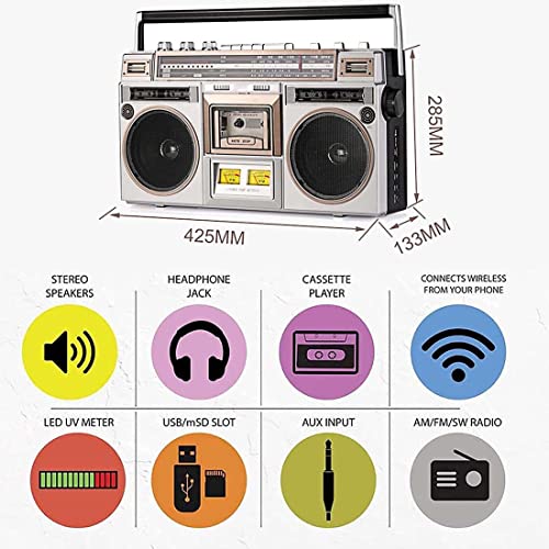 Retro Nostalgic Portable Boombox Cassette Player with AM/FM Radio, USB, Bluetooth - Perfect for Family Gatherings, Travel & Vintage Music Lovers
