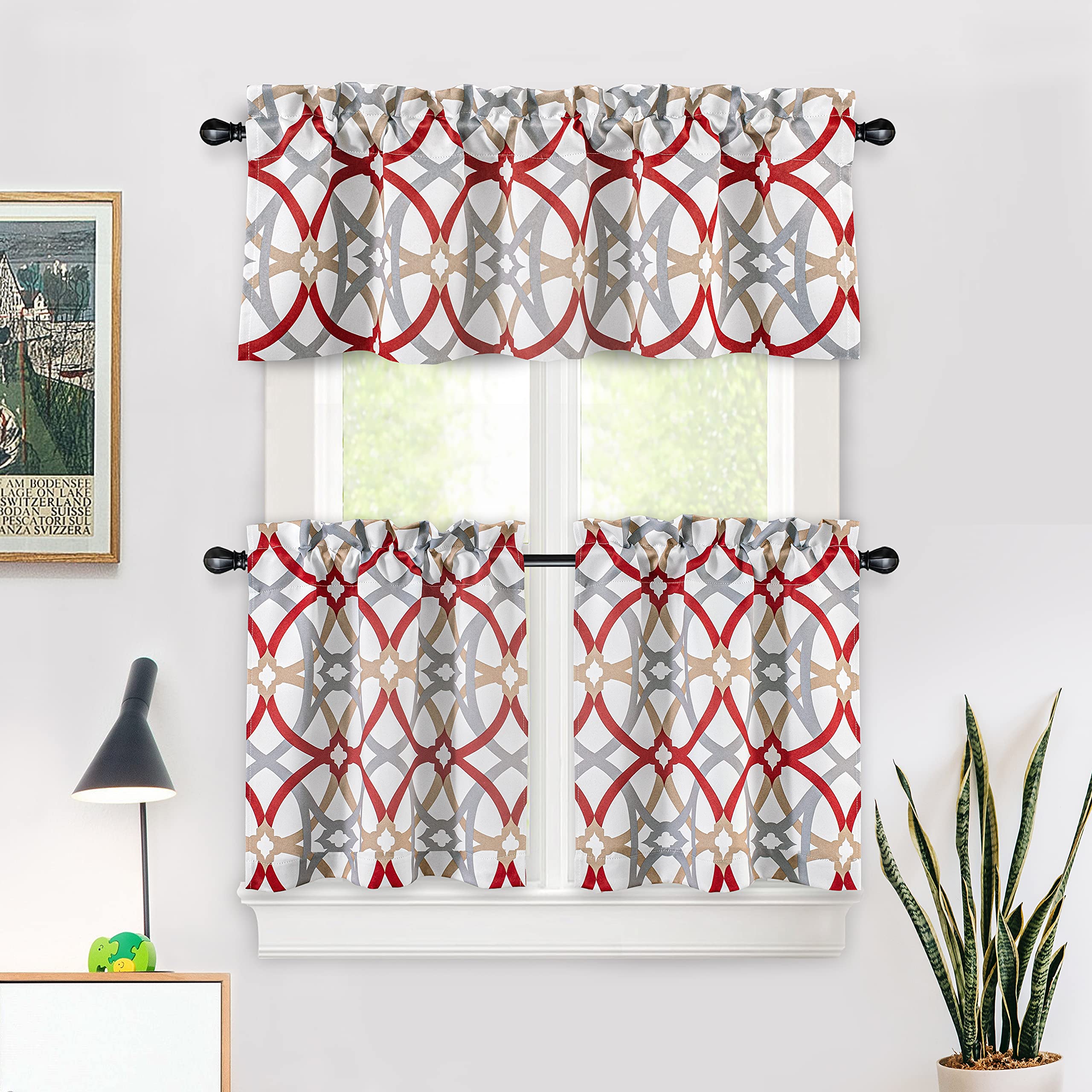 DriftAway 3-Piece Red Kitchen Curtain Set - 24 Inch Light Filtering Geometric Mid-Century Cafe Curtains with Valance & Tier, Rod Pocket Design for Small Half Windows - Perfect for Bathroom, Living Room & Kitchen Decor