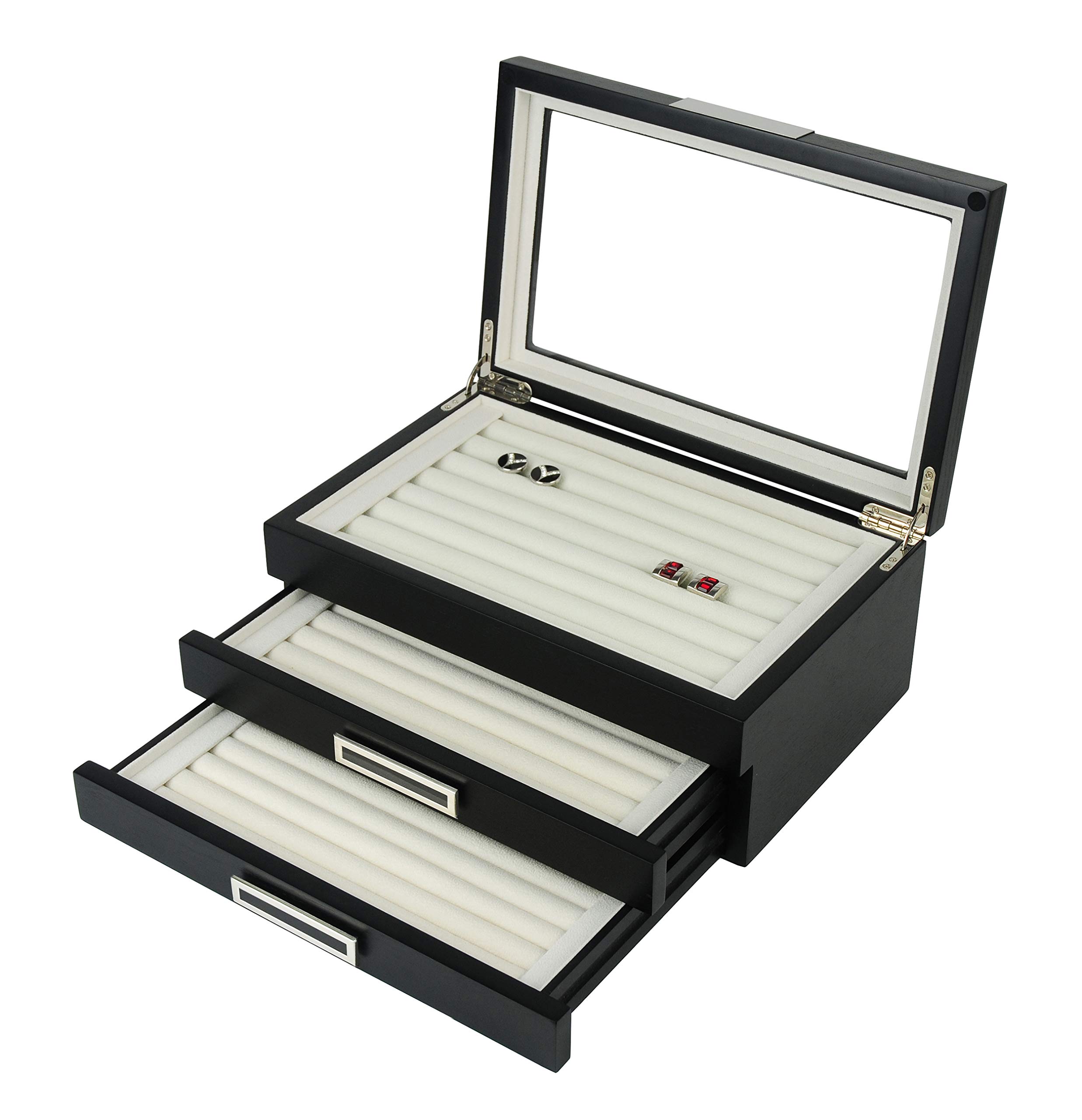 Premium Black Ebony Wood Cufflink & Ring Storage Box - Engravable Stainless Steel Jewelry Organizer for Men - Holds 108 Cufflinks - Perfect for Wedding, Business & Formal Event Accessory Organization