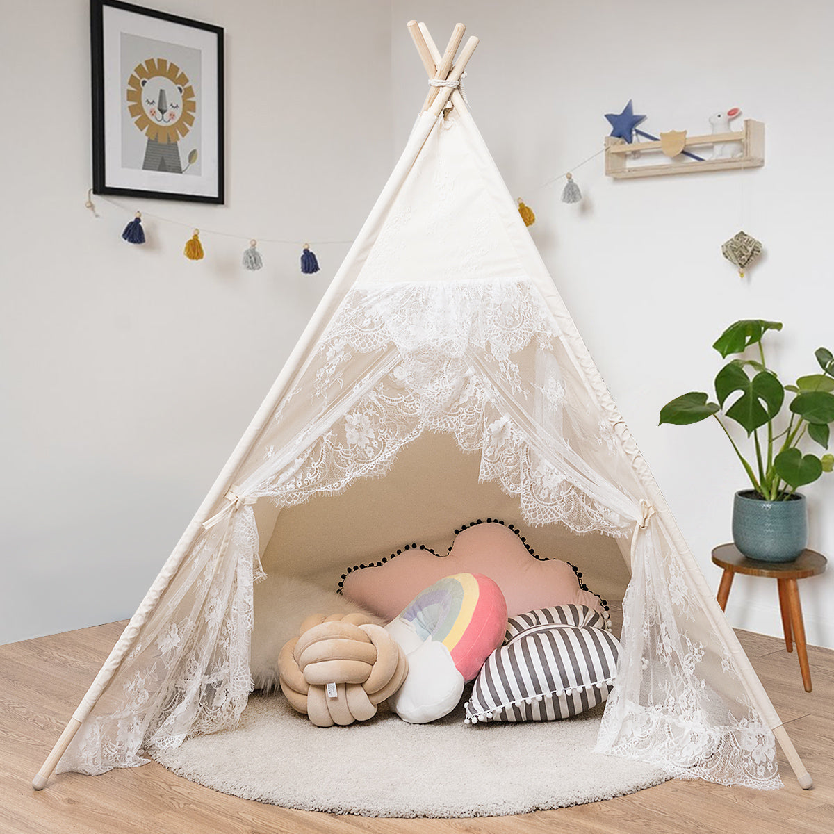 Kids Lace Teepee Tent - Foldable Playhouse for Children with Carry Bag | Indoor & Outdoor Play, Birthday Party Decor, Nursery Room Decor, Pretend Playhouse