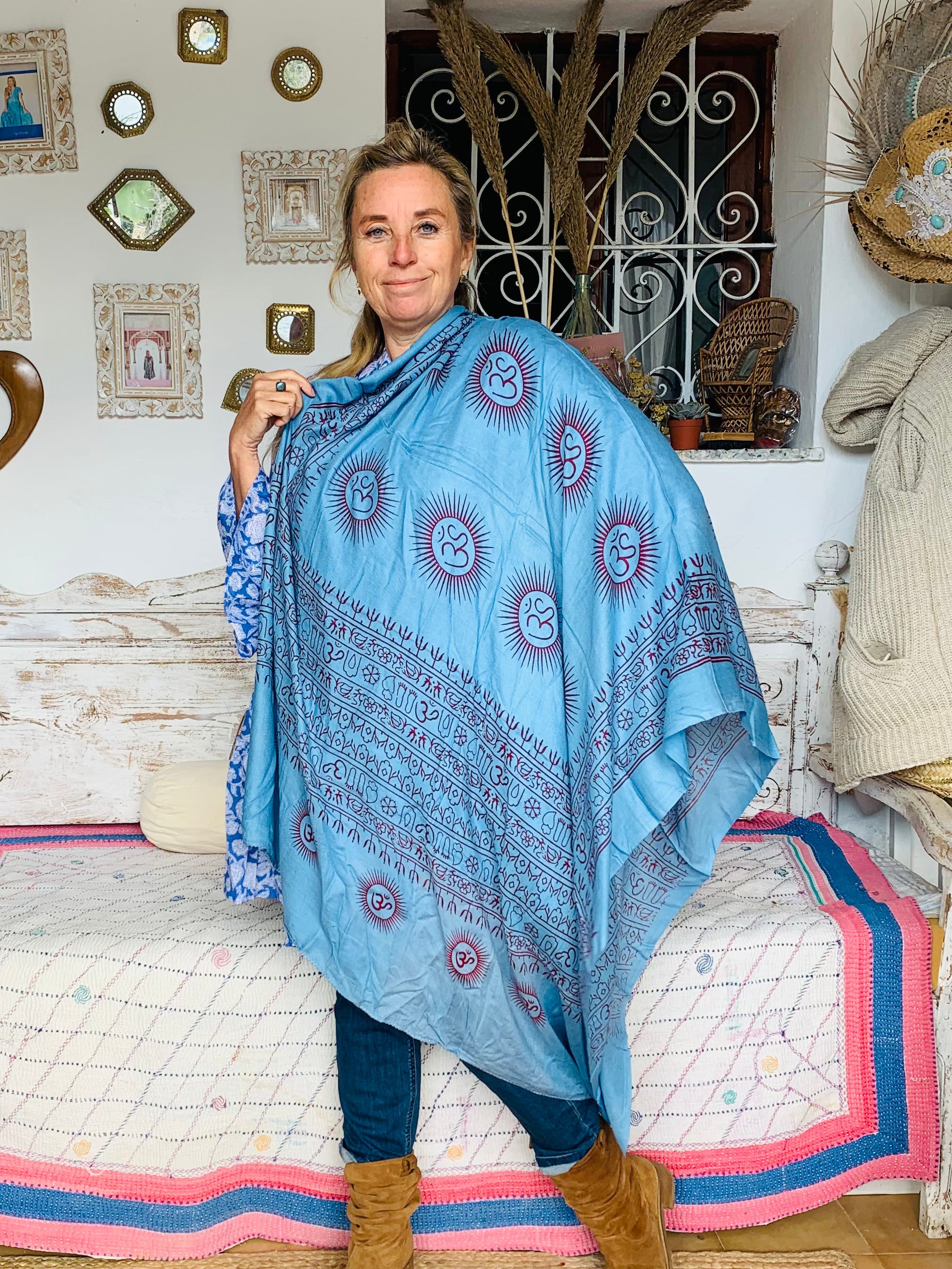 Large Size Om Sarong Pareo Shawl - Ocean Blue Beach Cover Up for Women, Perfect for Swimming, Vacation, and Summer Outfits