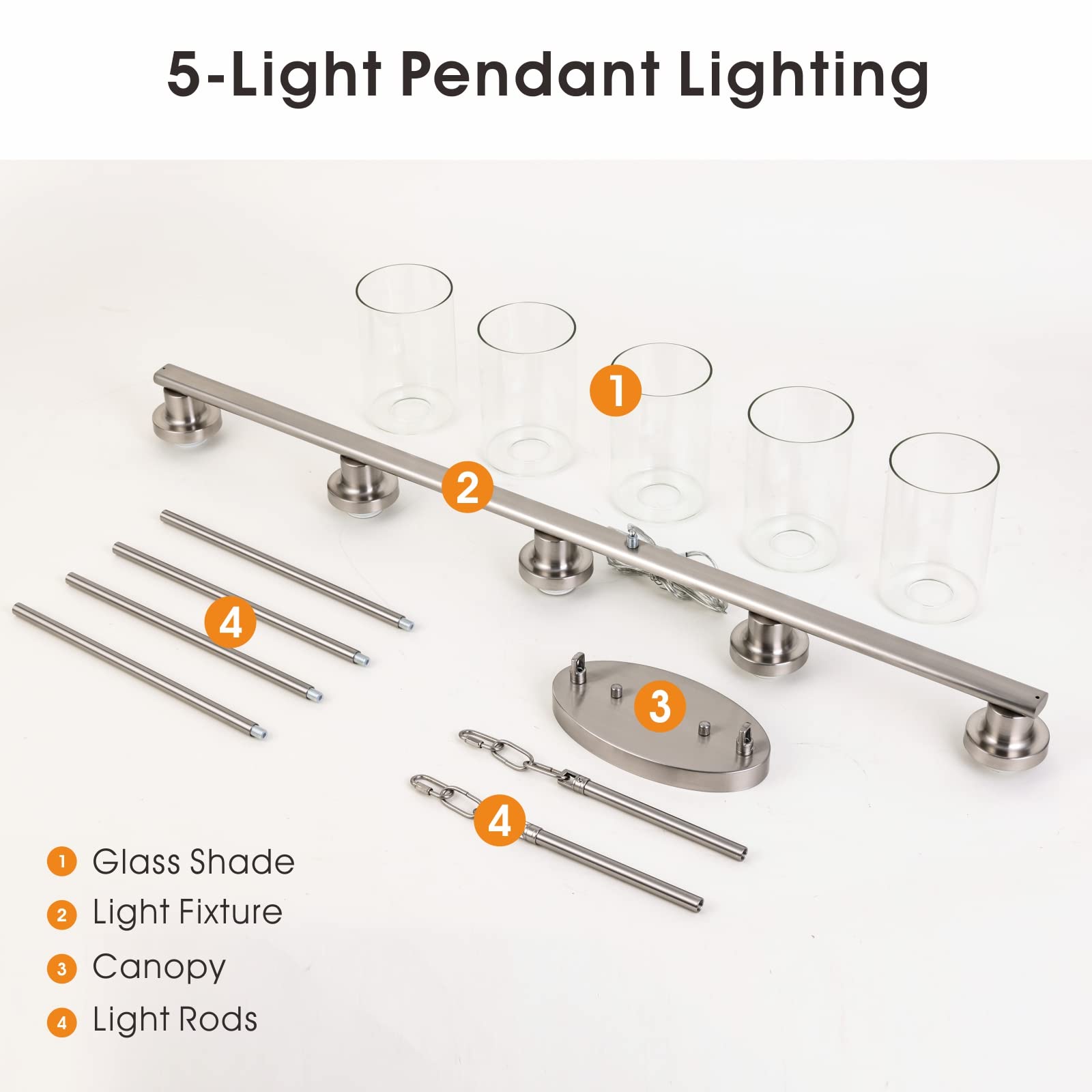 5-Light Farmhouse Pendant Lighting - Brushed Nickel Linear Chandelier with Clear Glass Shades - Rustic Industrial Kitchen Island Lighting for Dining Room & Table - Perfect for Farmhouse, Industrial & Modern Home Decor