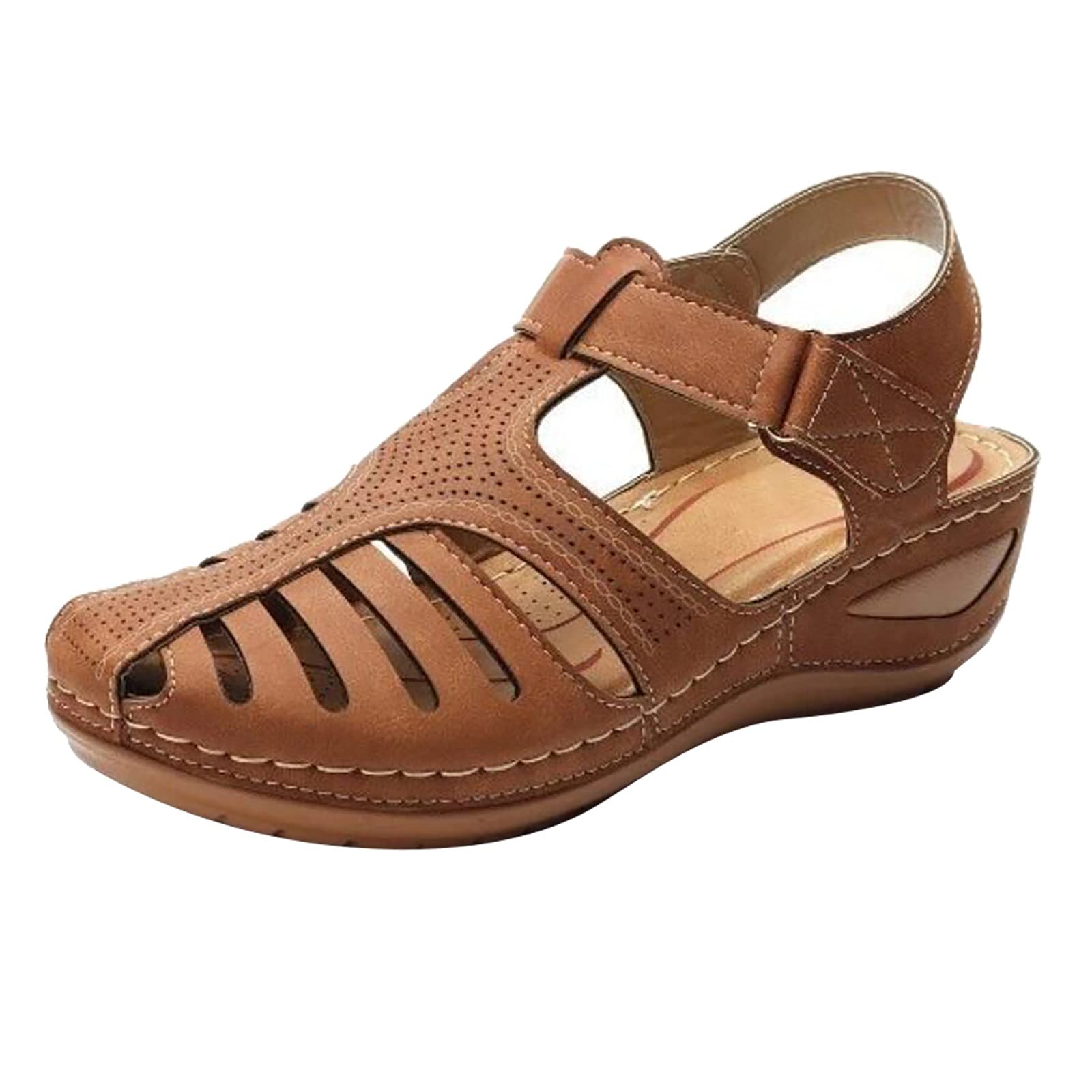 Women's Vintage Soft Leather Closed Toe Wedge Sandals - Anti-Slip Summer Hollow Design for Comfort & Style | Perfect for Beach, Casual Outings & Everyday Wear