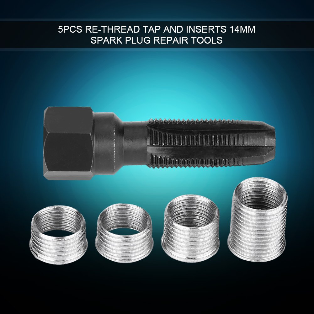 High-Quality Carbon Steel Spark Plug Rethread Kit - 14mm Thread Insert Repair Tool with 4 Durable Spark Plug Inserts | Perfect for Automotive, Motorcycle & Small Engine Maintenance
