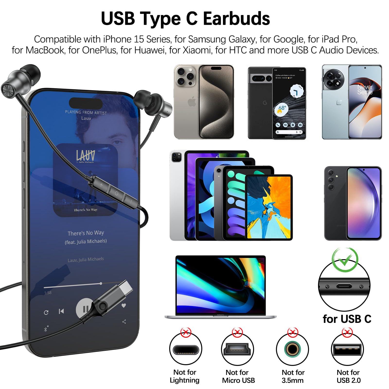 COOYA USB C Wired Earbuds with Noise Isolation & Magnetic In-Ear Design - Compatible with iPhone 16 Plus/15 Pro Max, iPad 10/Air, Pixel 9/8, Samsung S25 Ultra/S24+/A56/S23/A54, OnePlus 13 - Perfect for Commuting, Workouts & Gaming