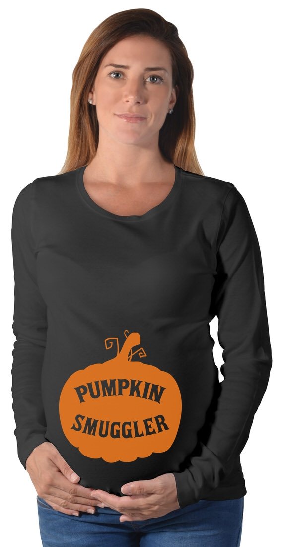 Funny Halloween Pregnancy Maternity Long Sleeve Shirt - Pumpkin Smuggler Design for Expecting Moms - Perfect for Halloween Parties, Maternity Photos & Fall Season