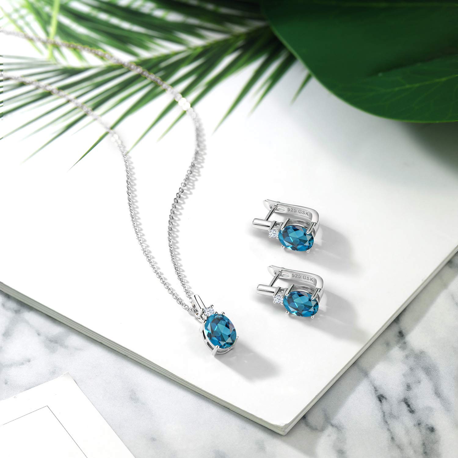 5.45 Ct London Blue Topaz & White Created Sapphire 925 Sterling Silver Pendant and Earrings Jewelry Set for Women | Gem Stone King | Elegant Gift for Birthday, Anniversary & Special Occasions