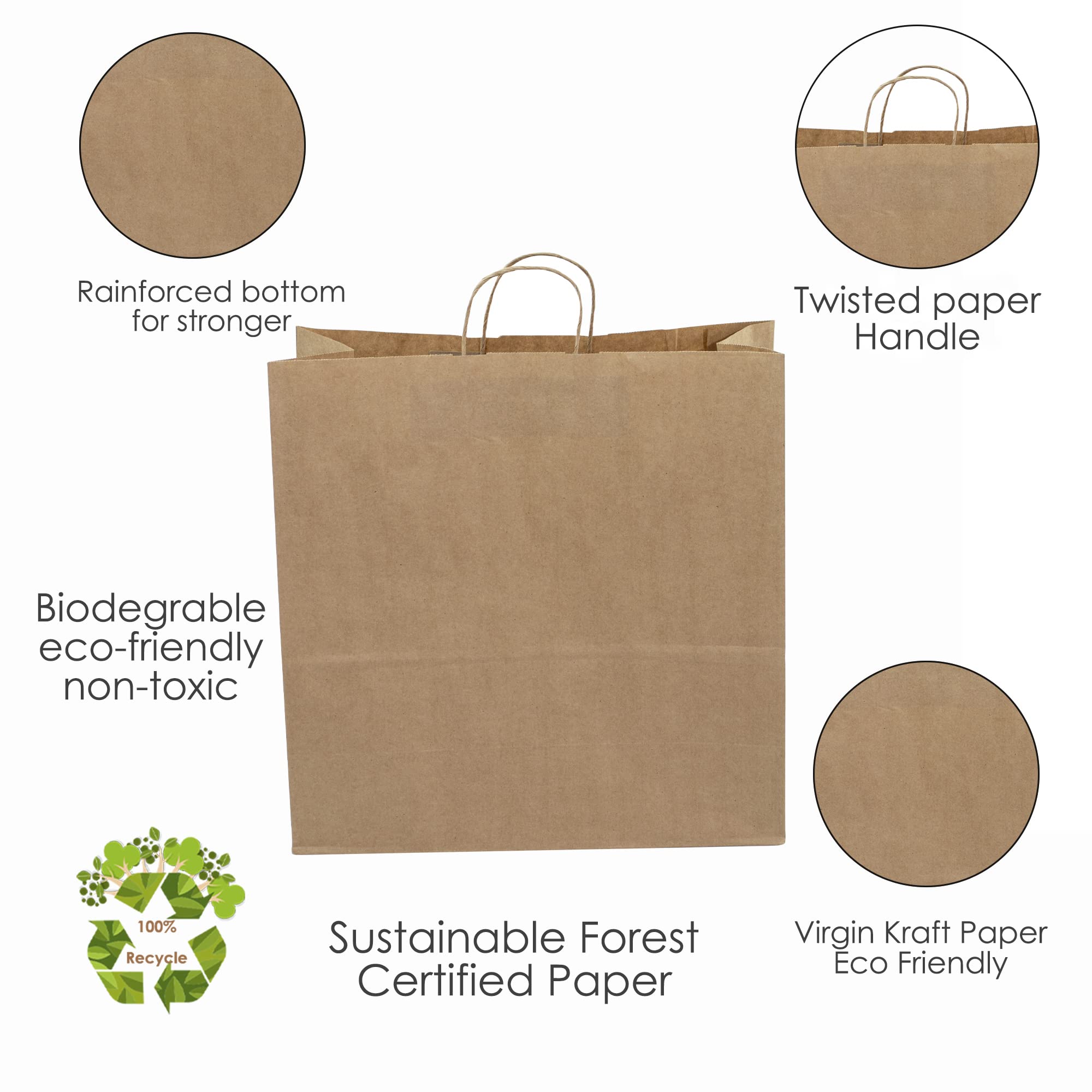 JET PAPER BAGS - 18x7x18 Inch [100 Pcs] Large Brown Kraft Paper Bags with Handles for Takeout, Grocery, Retail, Party, Wedding Gifts - Eco-Friendly Recyclable Gift Bags for Shopping, Packaging, and Events