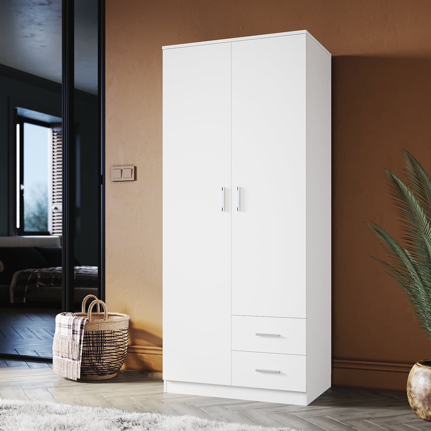 Elegant White Wooden Wardrobe - 2 Doors & 2 Drawers, 180cm Tall Storage Cabinet for Bedroom, Closet Organization & Home Decor