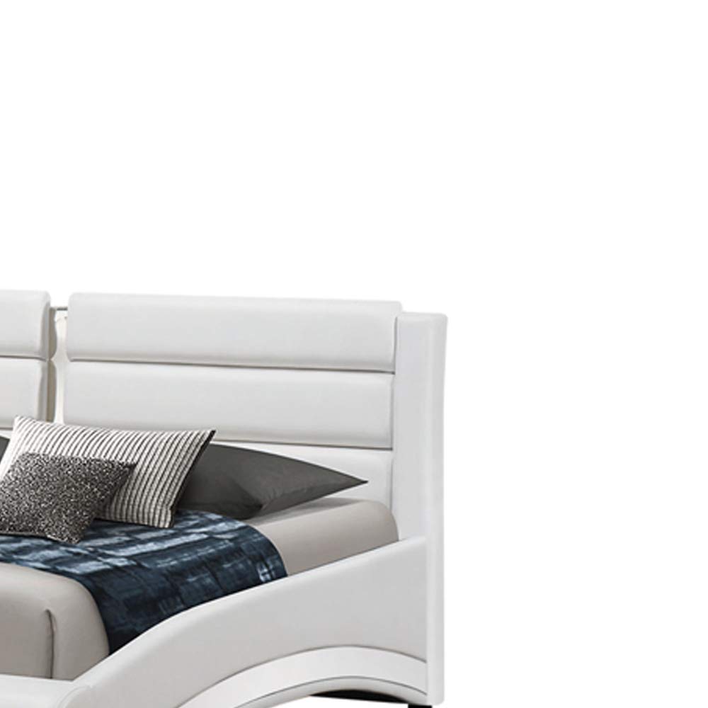 Benjara Curved Leatherette Queen Size Bed Frame with Cushioned Headboard - White Faux Leather Upholstered Platform Bed for Master Bedroom Decor