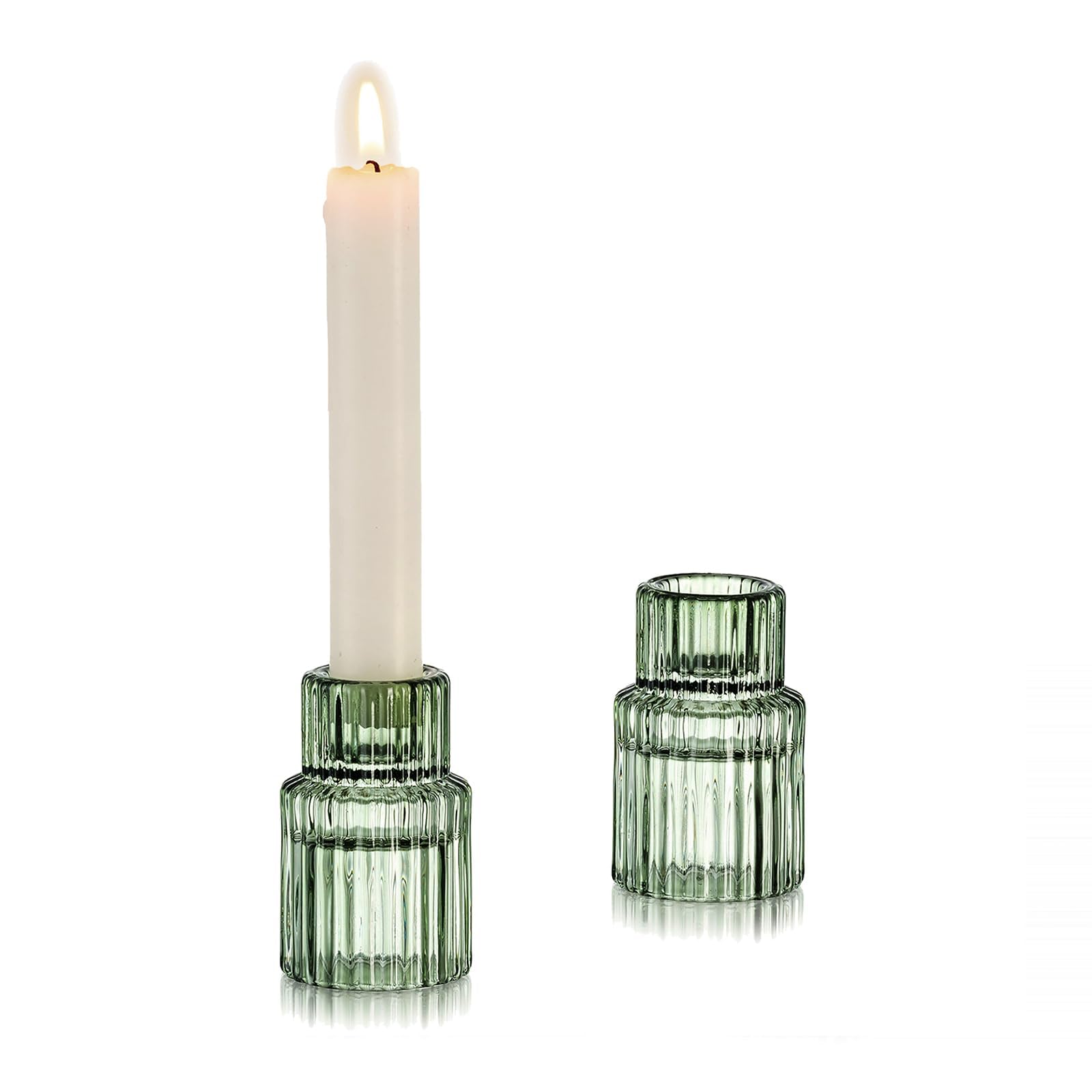 Vintage Green Glass Taper Candle Holders Set of 2 - Elegant Crystal Candlesticks for Wedding Centerpieces, Christmas Advent, Home Decor & Table Settings