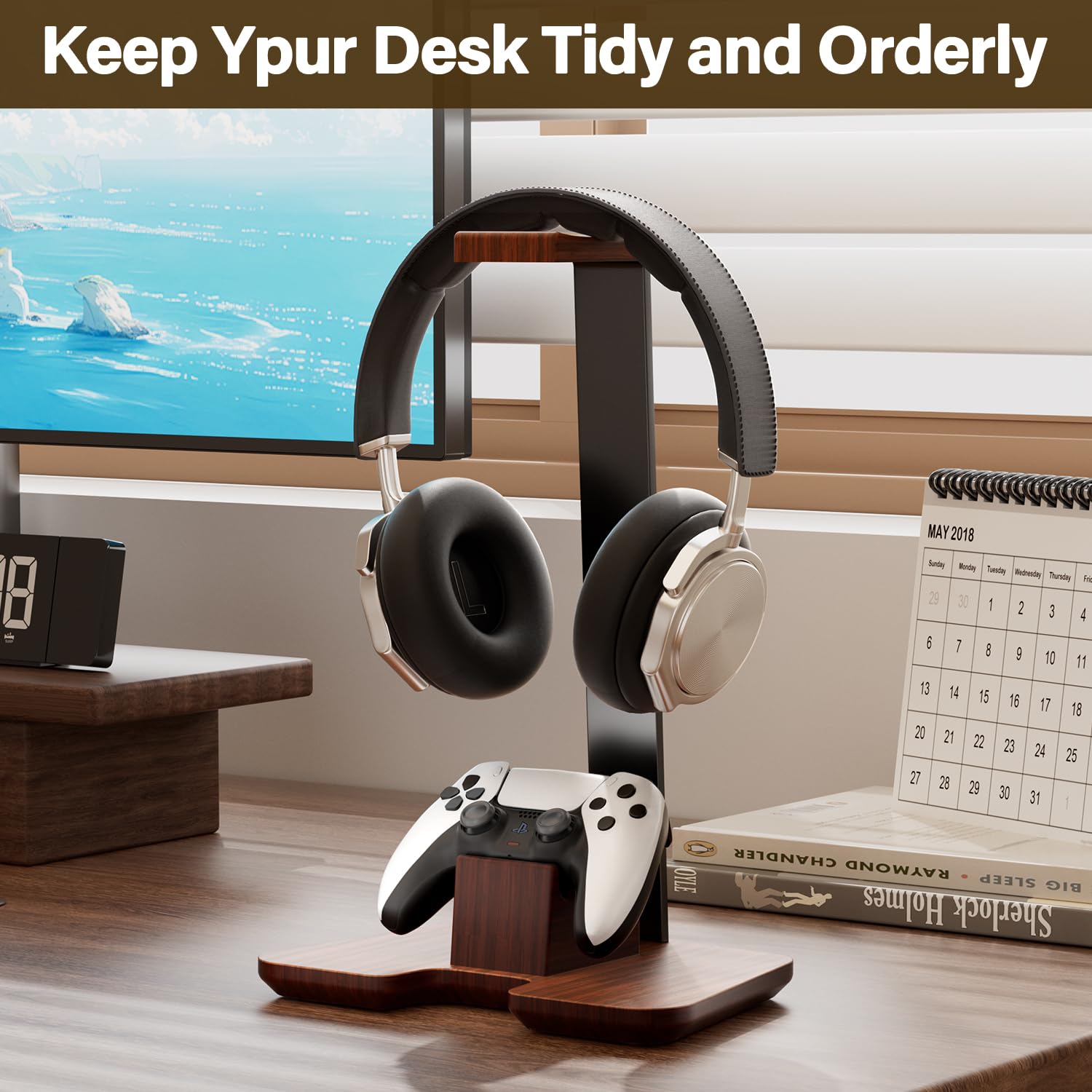 Premium Wooden Controller & Headphone Stand - Gaming Desk Organizer for PC, PS5, Xbox Accessories - Perfect for Gaming Setup & Office Workspace