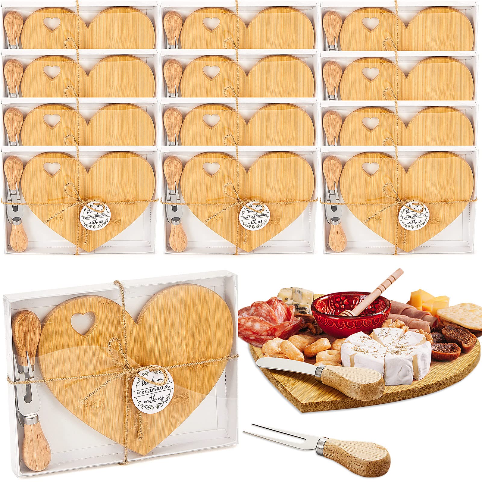 12-Piece Heart-Shaped Cheese Board Set with Wooden Knives - Mini Charcuterie Board for Bridal Shower Favors, Wedding Gifts, Baby Showers, Birthday & Valentine's Day - Bamboo Color - Perfect for Entertaining Guests at Parties & Special Events