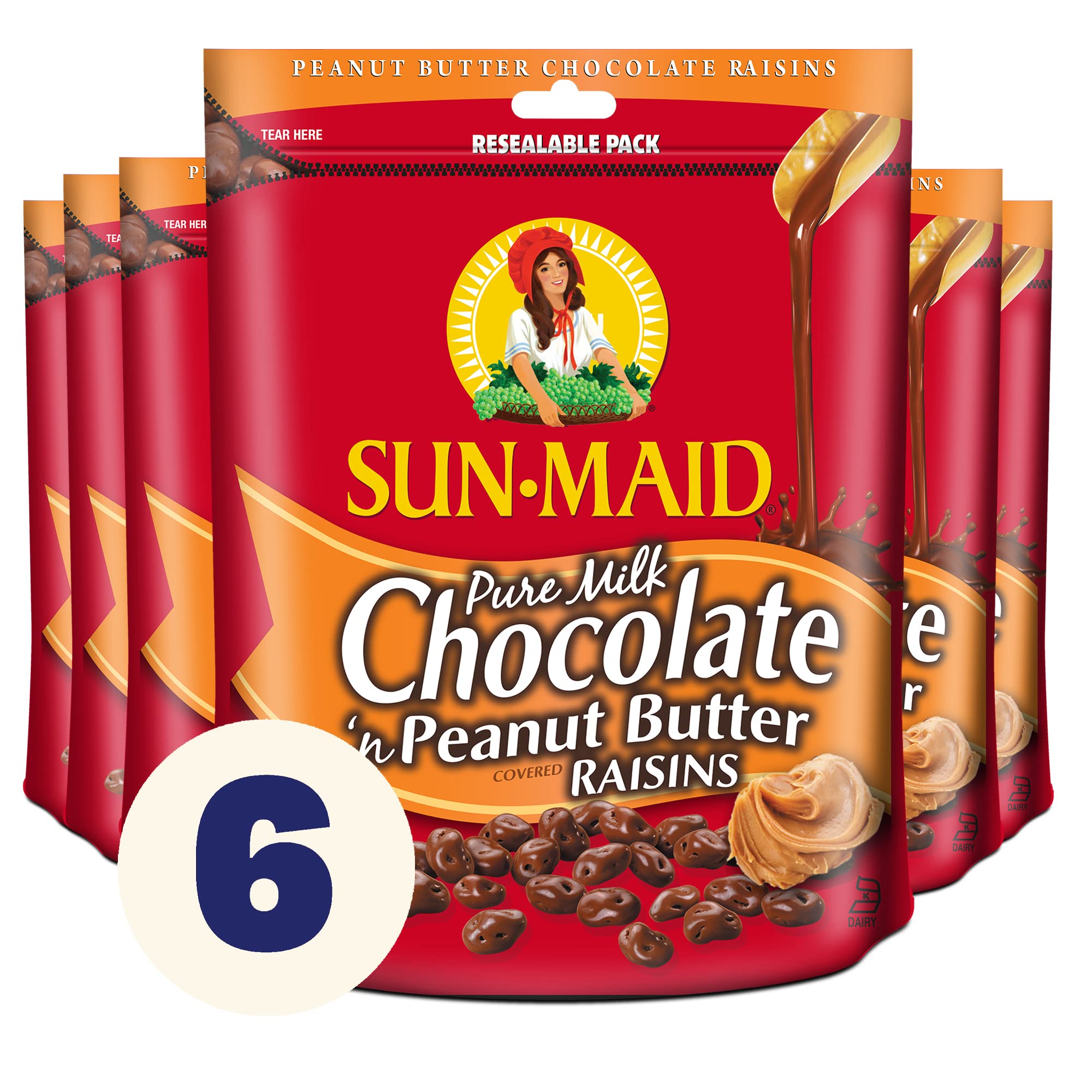 Sun-Maid Chocolate Covered Raisins Snacks - Pure Milk Chocolate & Peanut Butter Raisins, 7oz (6-Pack) | Healthy On-the-Go Snack for Work, School & Travel