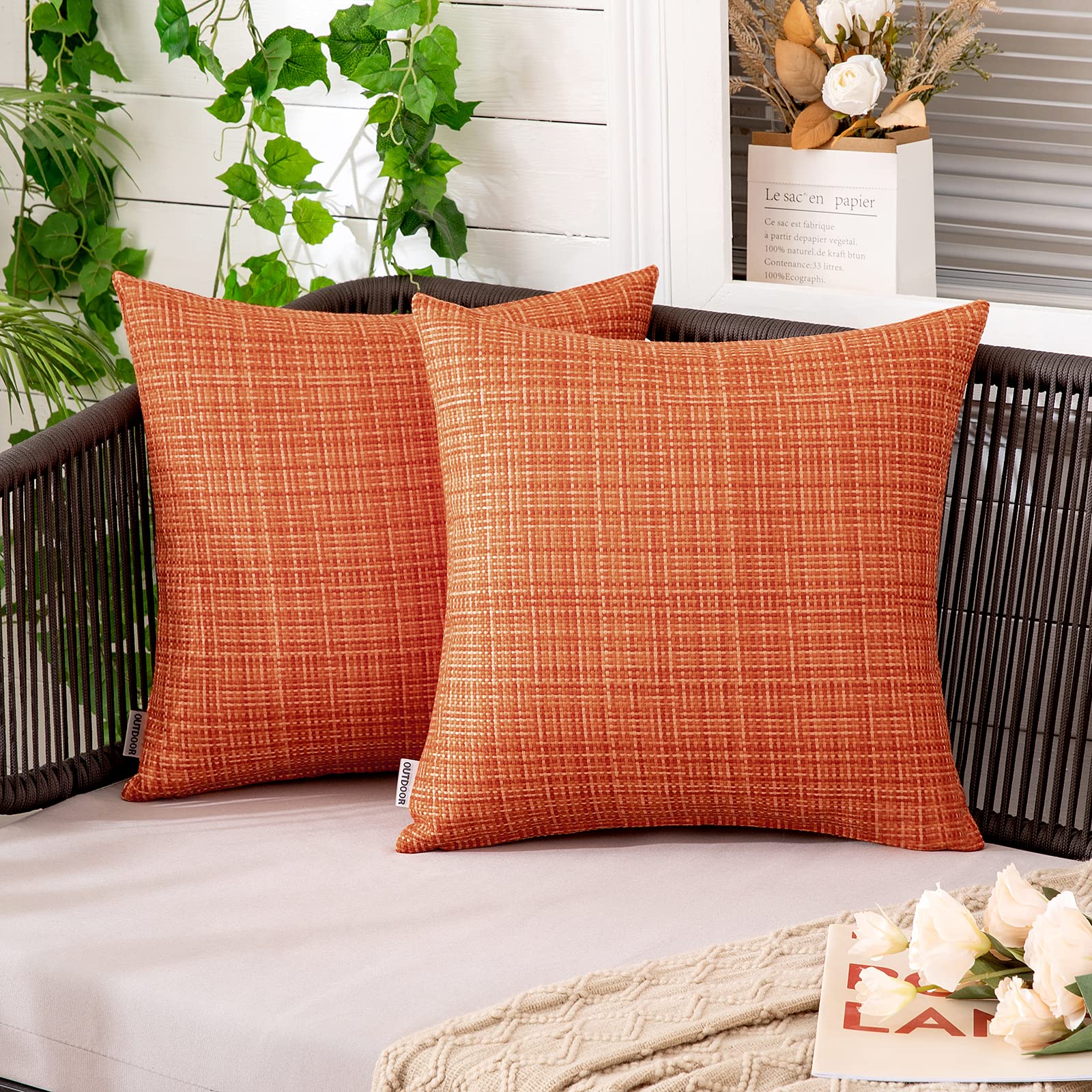 MIULEE Waterproof Outdoor Throw Pillow Covers 18x18 Inch - Farmhouse Decorative Cushion Covers for Patio, Garden, Sofa & Tent (Pack of 2, Orange) | Weather-Resistant & Durable for All-Season Use