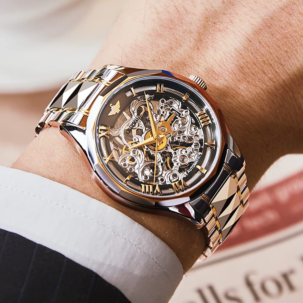 OUPINKE Men's Automatic Skeleton Watch - Self Winding Mechanical Watch with Sapphire Crystal, 50M Waterproof & Tungsten Steel Case - Stylish Hollow Design for Business, Formal & Casual Wear