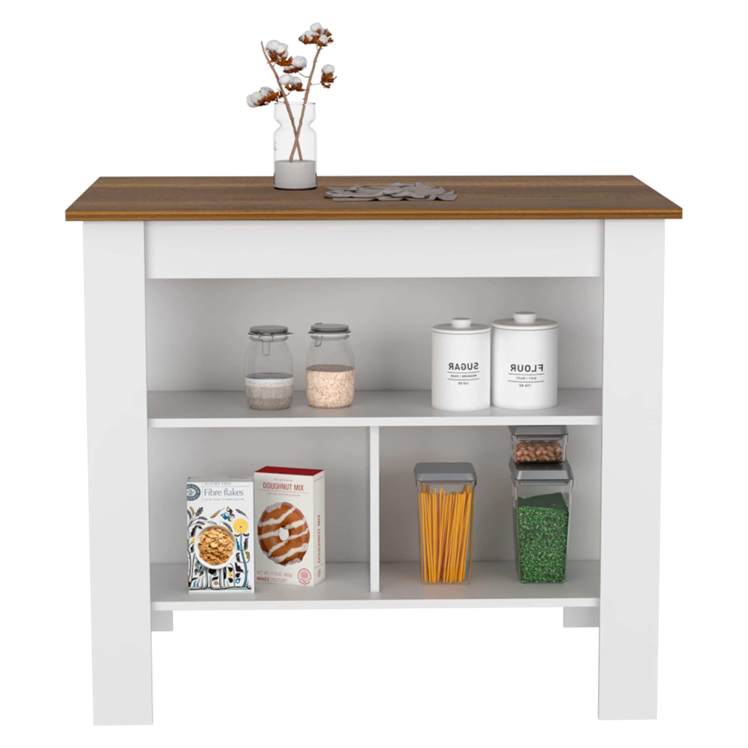 Tuhome Cala Kitchen Island with 3 Open Shelves & Stool Storage, White Walnut Finish - Modern Kitchen Cart with Storage for Small Spaces, Perfect for Apartments & Home Cooking