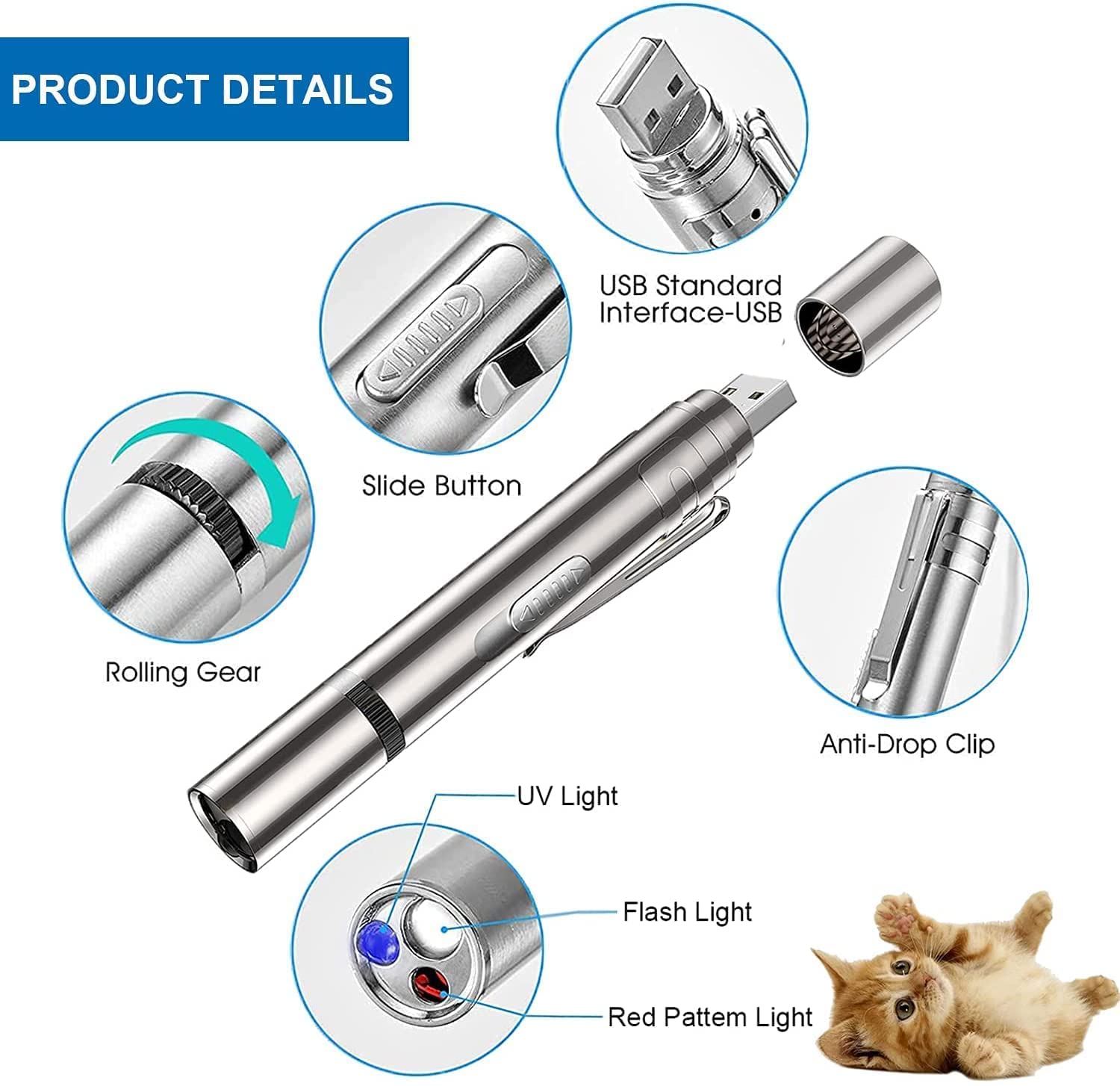 7-in-1 Interactive Cat Toys with 3 LED Light Modes, Fun Kitten Chaser Toy for Indoor Cats, Exercise & Training Tool, Silver Iron Box Packaging - Perfect for Playtime & Bonding