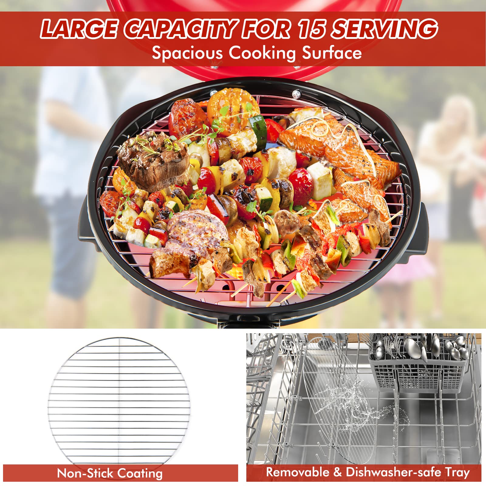 HAPPYGRILL 1600W Portable Electric Grill - Outdoor & Indoor BBQ Grill for 15 People, Compact Stand Grill for Patio, Balcony, Kitchen, Garden - Perfect for Camping, Picnics, Tailgating and Family Gatherings