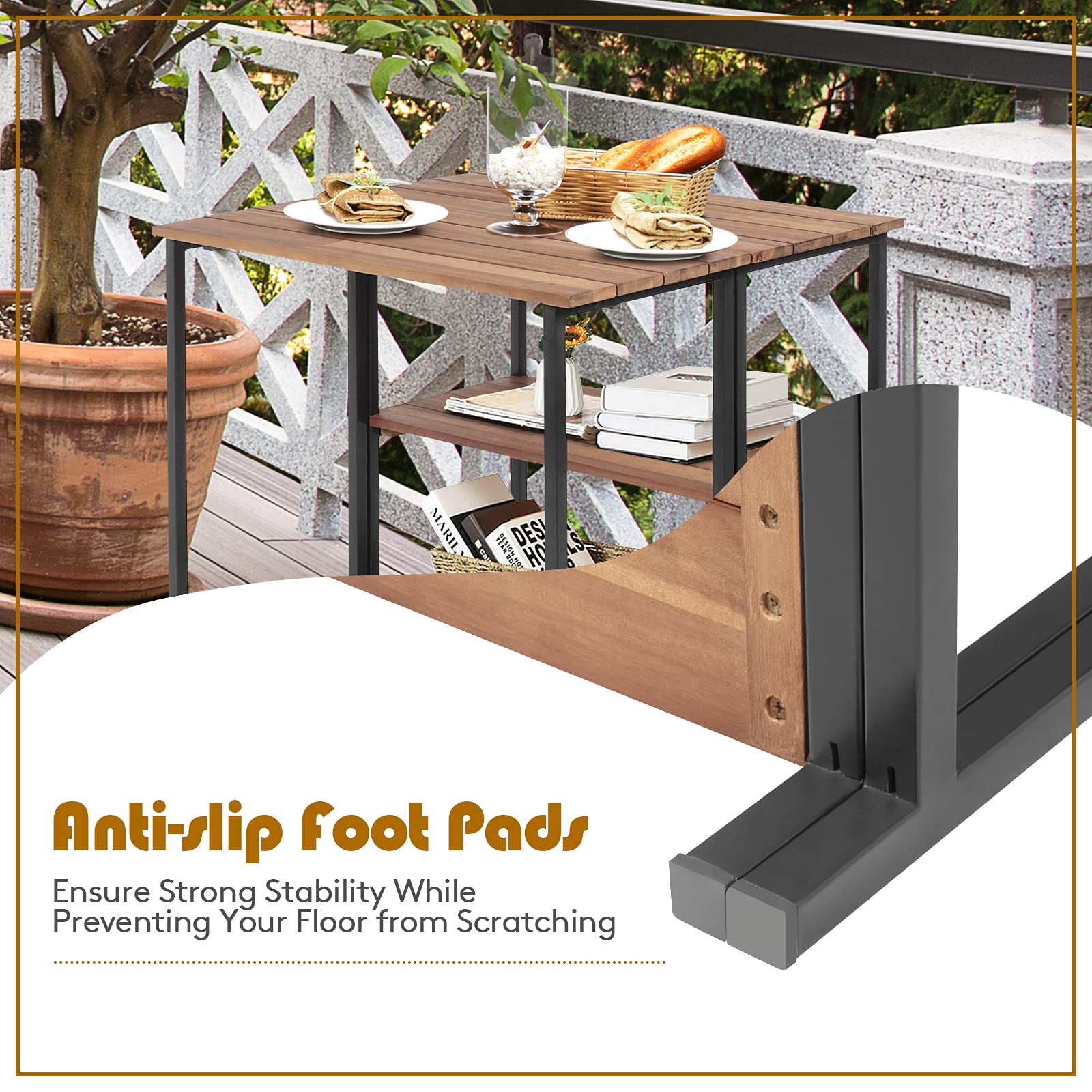 HAPPYGRILL Folding Kitchen Table - Microwave Stand with 2 Storage Shelves, Sturdy Steel Frame & Acacia Wood Top - Perfect for Small Spaces, Baking, Cooking & Kitchen Organization