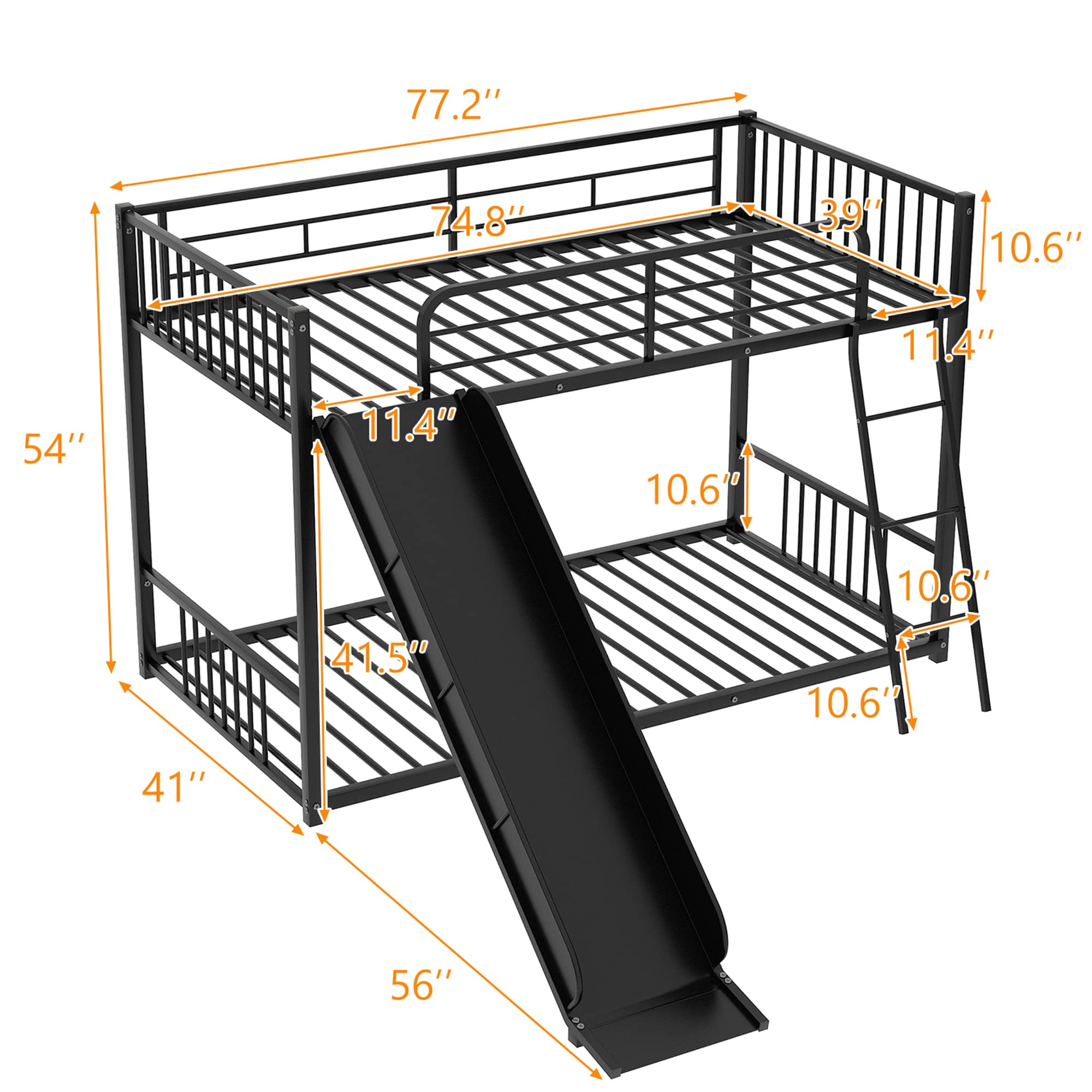 P PURLOVE Twin Over Twin Floor Bunk Bed with Slide - Low Profile Metal Bunk Bed for Kids & Teens - Space Saving Kids Room Furniture for Small Bedrooms, Dorm Rooms & Sleepovers