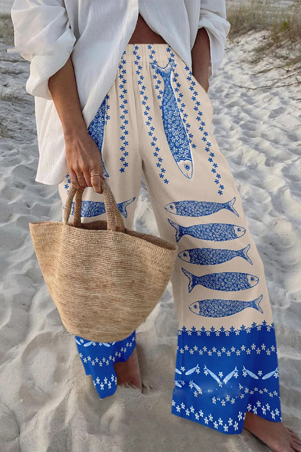Stylish Marine Print Elastic Waist Loose Pocket Pants for Women - Comfortable Beachwear & Casual Summer Outfits