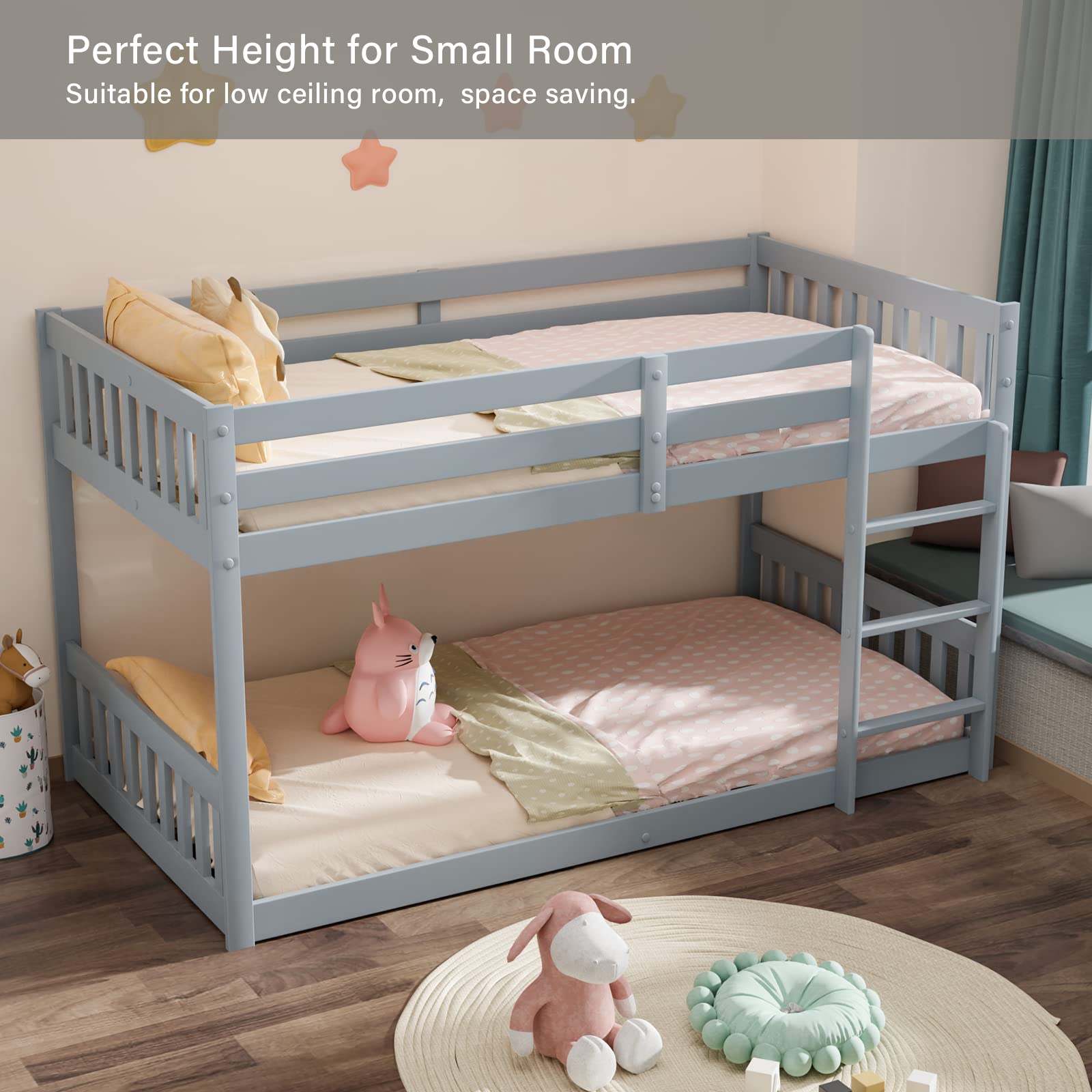 JOYMOR Twin Over Twin Solid Wood Bunk Bed for Kids & Teens with Ladder & Safety Rail - Space-Saving Bed Frame for Small Bedrooms, Dorm Rooms & Shared Kids' Rooms - Gray (Mattress Not Included)