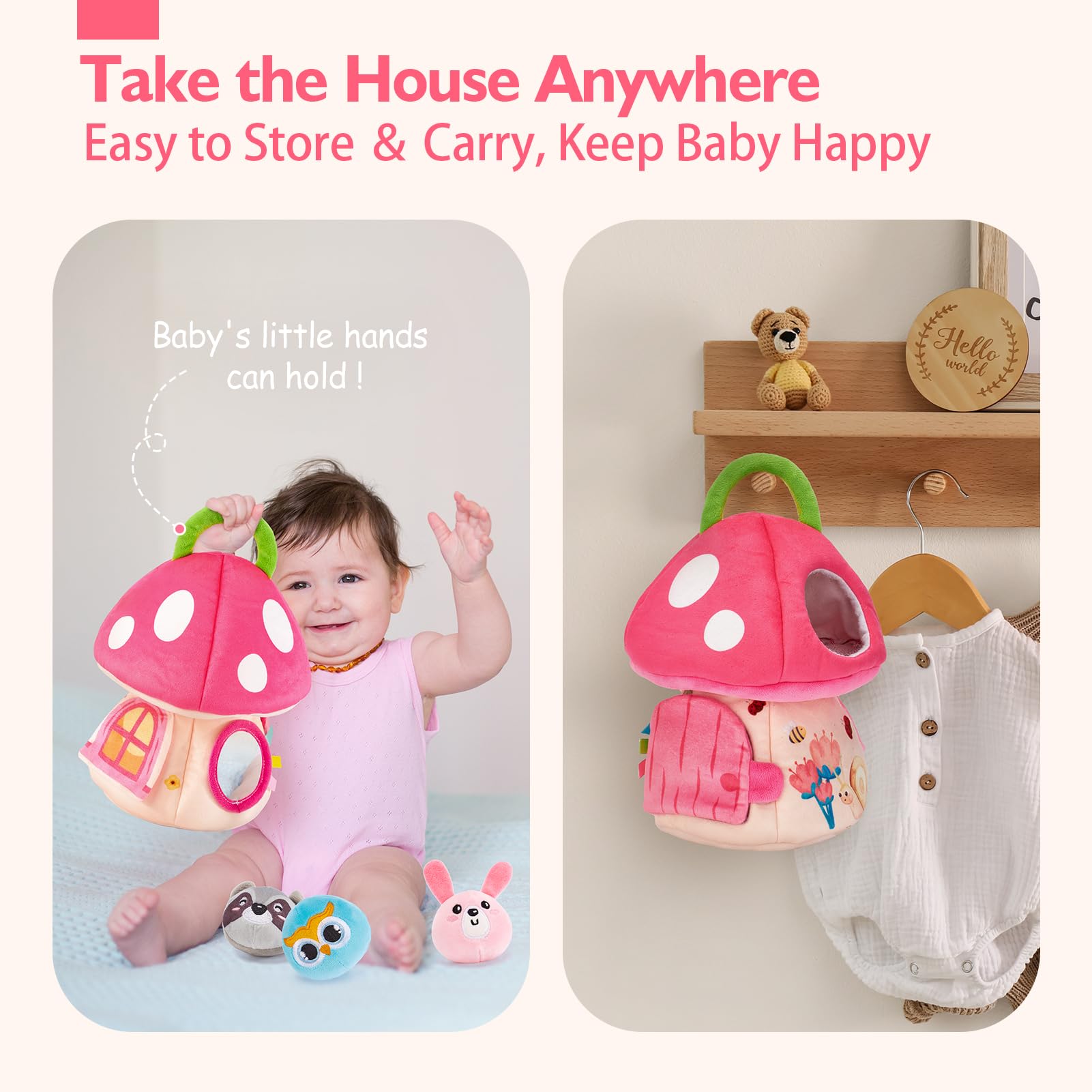 Hahaland Montessori Sensory Toys for Baby Girls 6-12 Months - Mushroom House Playset with Stuffed Jungle Animals, Rattle, Crinkle Paper & Mirror - Educational Toddler Toys for 1 Year Old Girls - Perfect Gift Basket Stuffers for Birthdays & Baby Showers