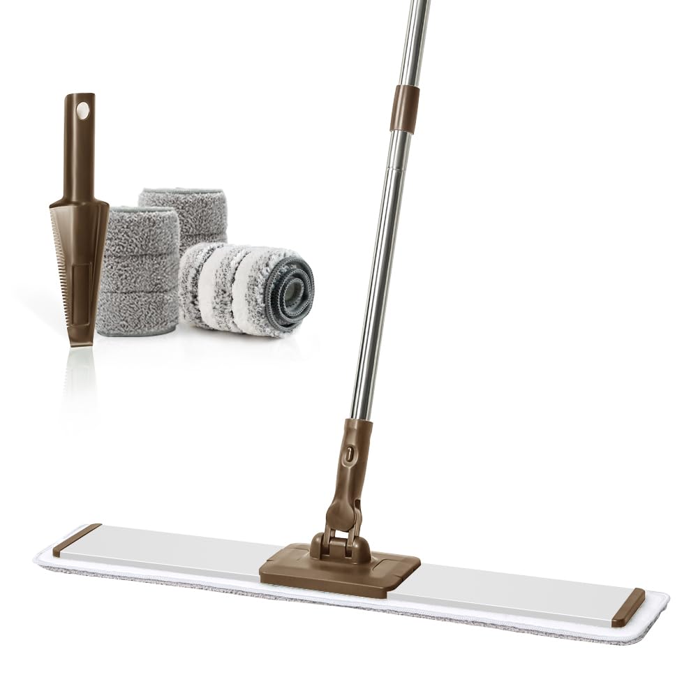 CQT Commercial Flat Microfiber Floor Mop Cleaning System - 24 Inch Wet Dry Dust Mop for Hardwood, Laminate & Tile Floors with 4 Washable Pads, Stainless Steel Handle & Extension (PT14 Brown) - Perfect for Home, Office & Commercial Cleaning