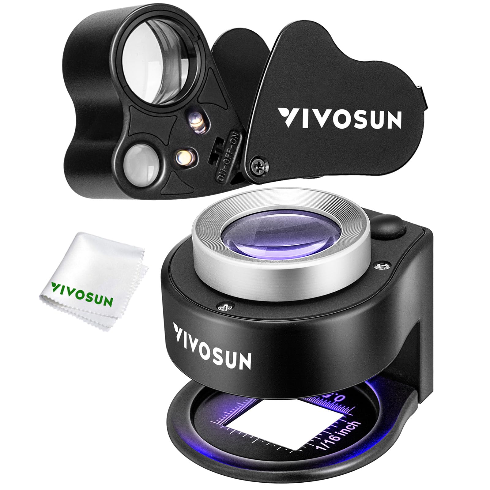 VIVOSUN 2-Pack 30X & 60X Jewelry Magnifier with LED & UV Light - Foldable Loupe for Jewelry, Gemstones, Watches, Coin & Stamp Collecting - Perfect for Gem Appraisal, Hobbyists & Professional Use