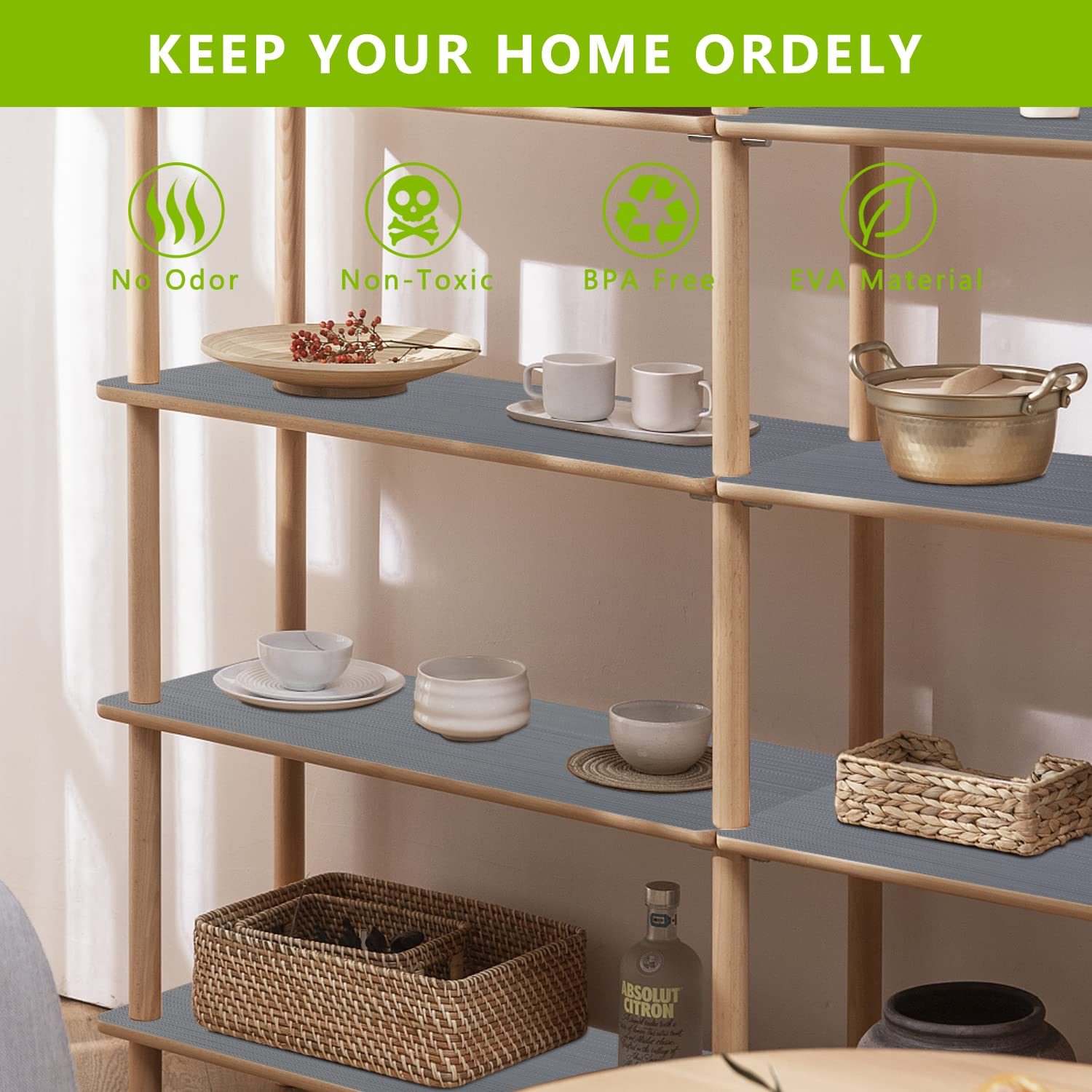 Non-Adhesive Drawer & Shelf Liner - Washable Refrigerator Mat, Odorless Plastic Pantry Organizer for Kitchen Cabinets, Cupboards, Wire Shelves & Shoe Storage (Gray, 17.5