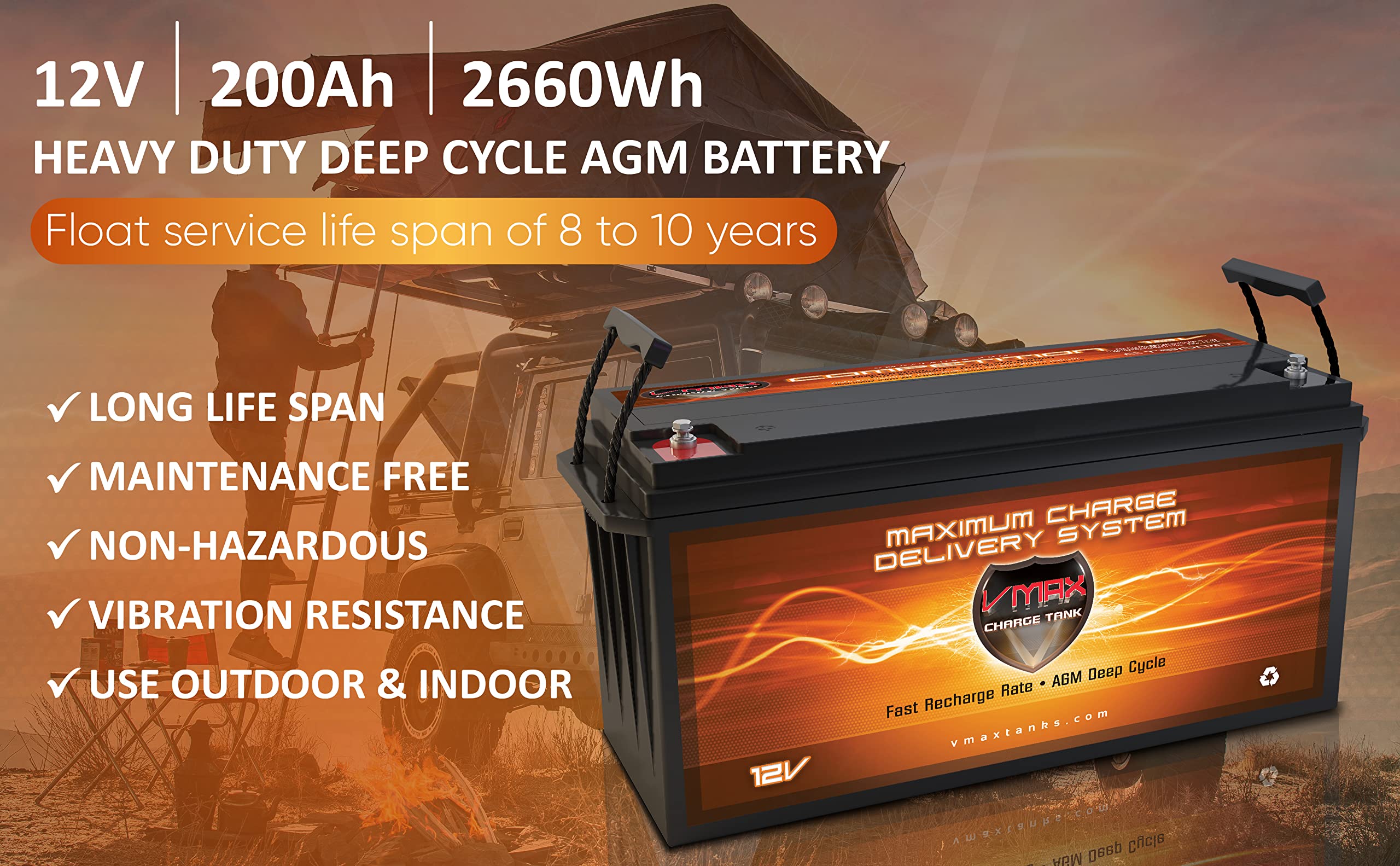 VMAX SOLAR BATTERY SLR200 12V 200Ah AGM Group 4D Deep Cycle Battery for Solar Panel Systems, RV, Marine & Off-Grid Power Backup - Reliable Energy Storage Solution for Home, Camping and Emergency Use