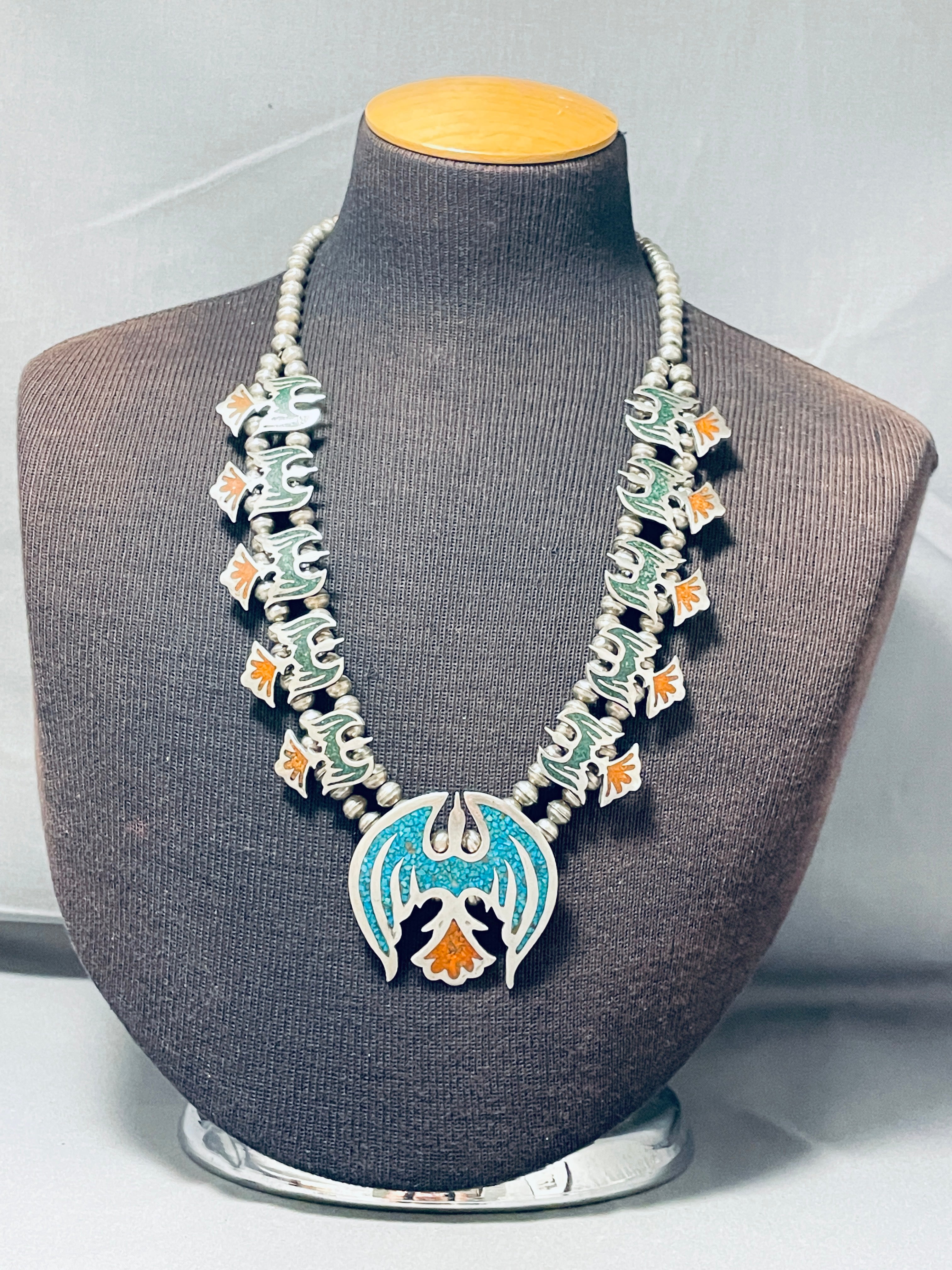 124 Gram Vintage Native American Navajo Turquoise Inlay Sterling Silver Squash Blossom Necklace - Handcrafted Southwest Jewelry for Women, Perfect for Boho Fashion, Weddings & Special Occasions