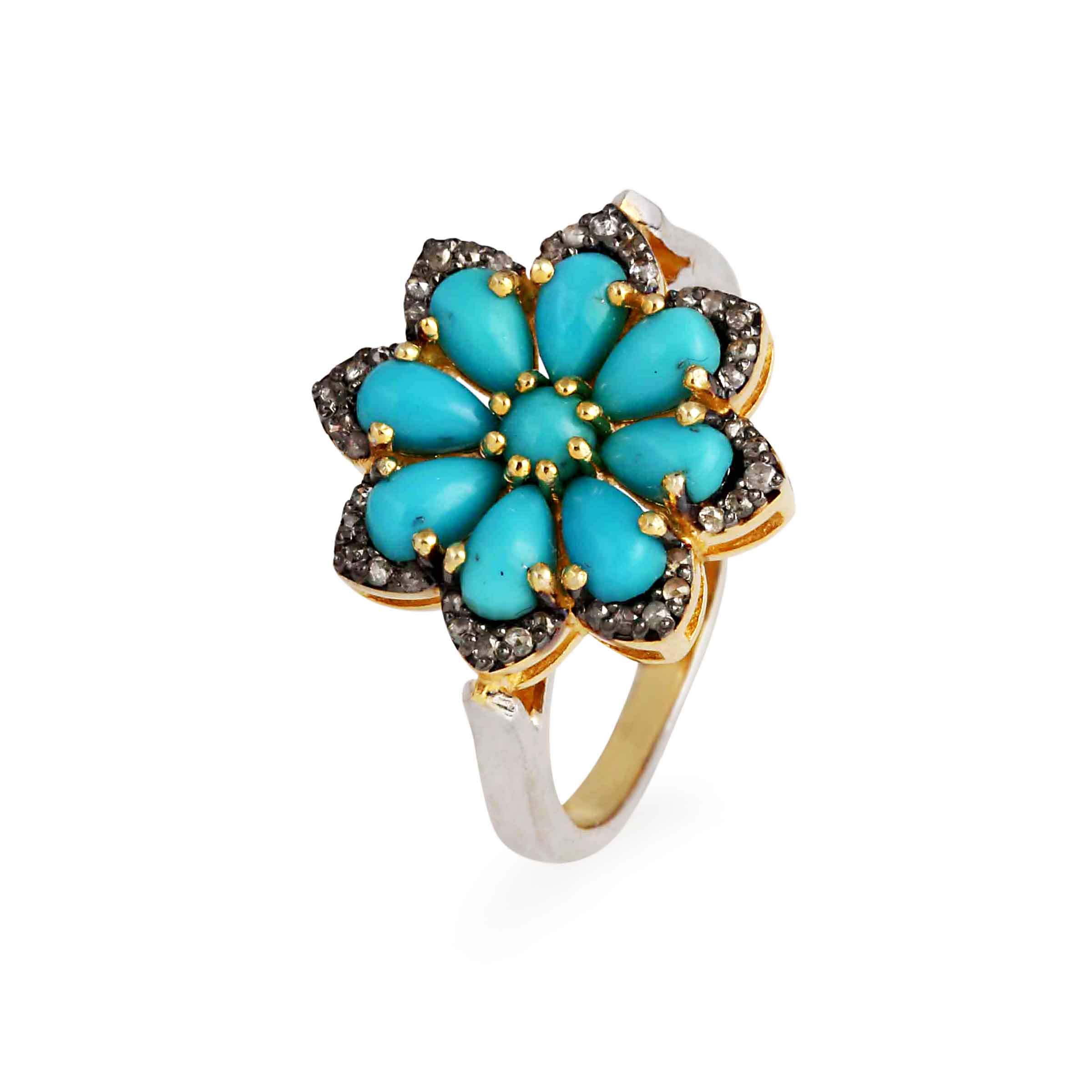 Handmade Natural Diamond Ring for Women - 0.19 Carat Brown Diamond (I2-I3 Clarity) & 1.45ct Blue Turquoise Flower Ring - Elegant Anniversary & Birthday Gift for Her - Perfect for Weddings, Date Nights & Special Occasions