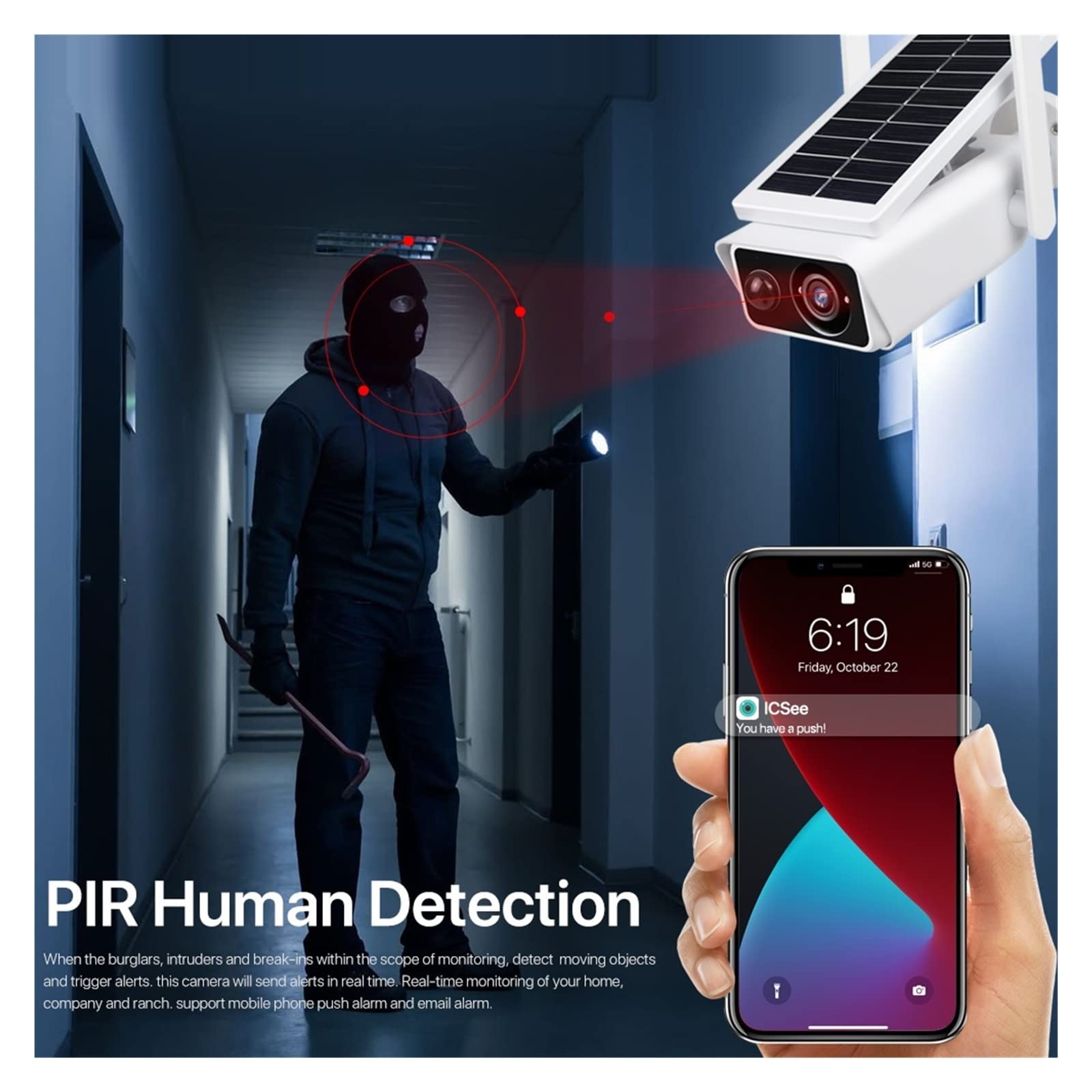 MZZYG 3MP HD Solar Security Camera - Outdoor WiFi Wireless IP Camera with Built-in Battery, PIR Motion Alarm & 32GB Storage - Ideal for Home, Yard, and Business Surveillance