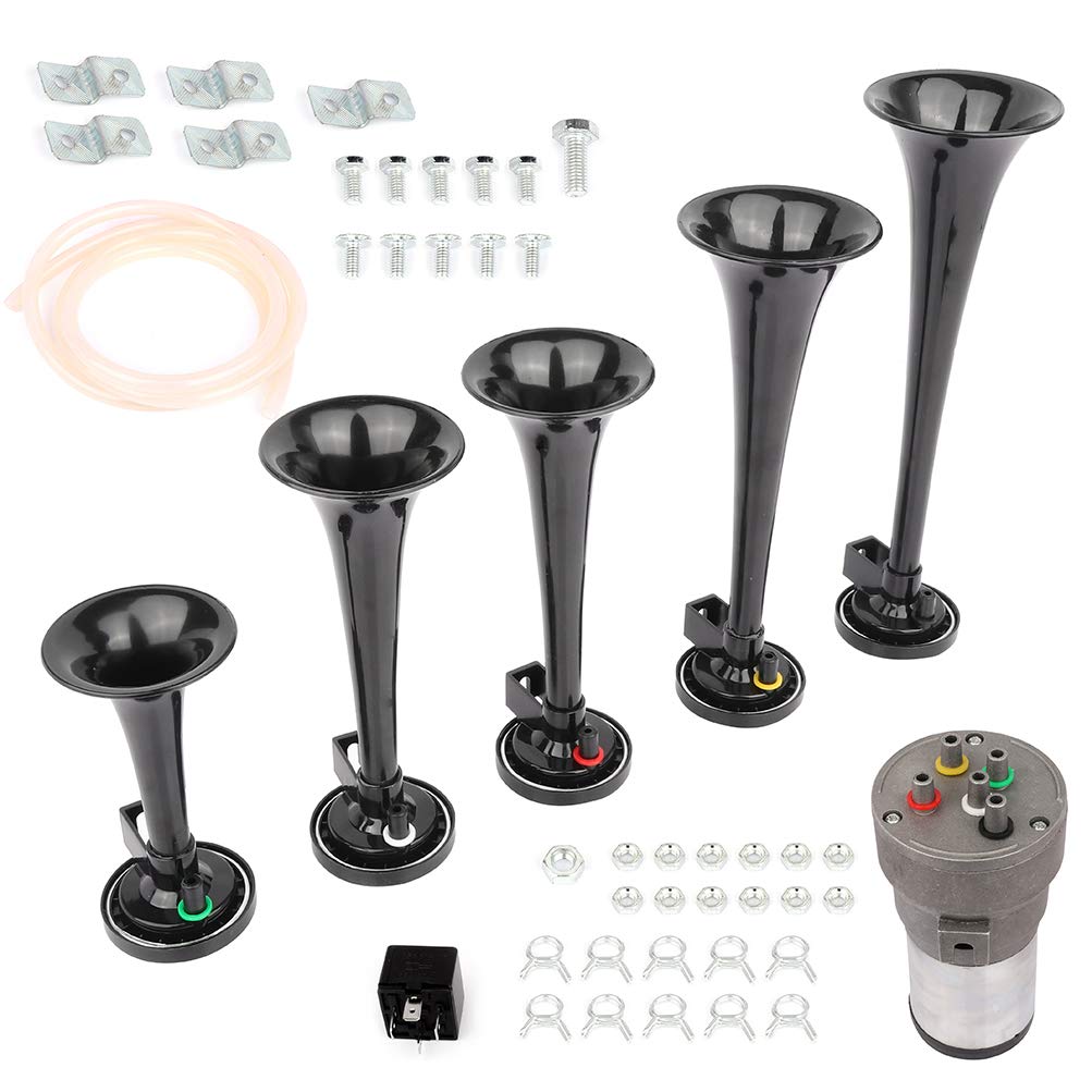 5 Trumpet Electric Air Horn Kit - 12V Train & Car Horn Replacement with Compressor - Loud Sound for Trucks, Boats, Emergency Vehicles - Perfect for Safety Alerts & Sporting Events