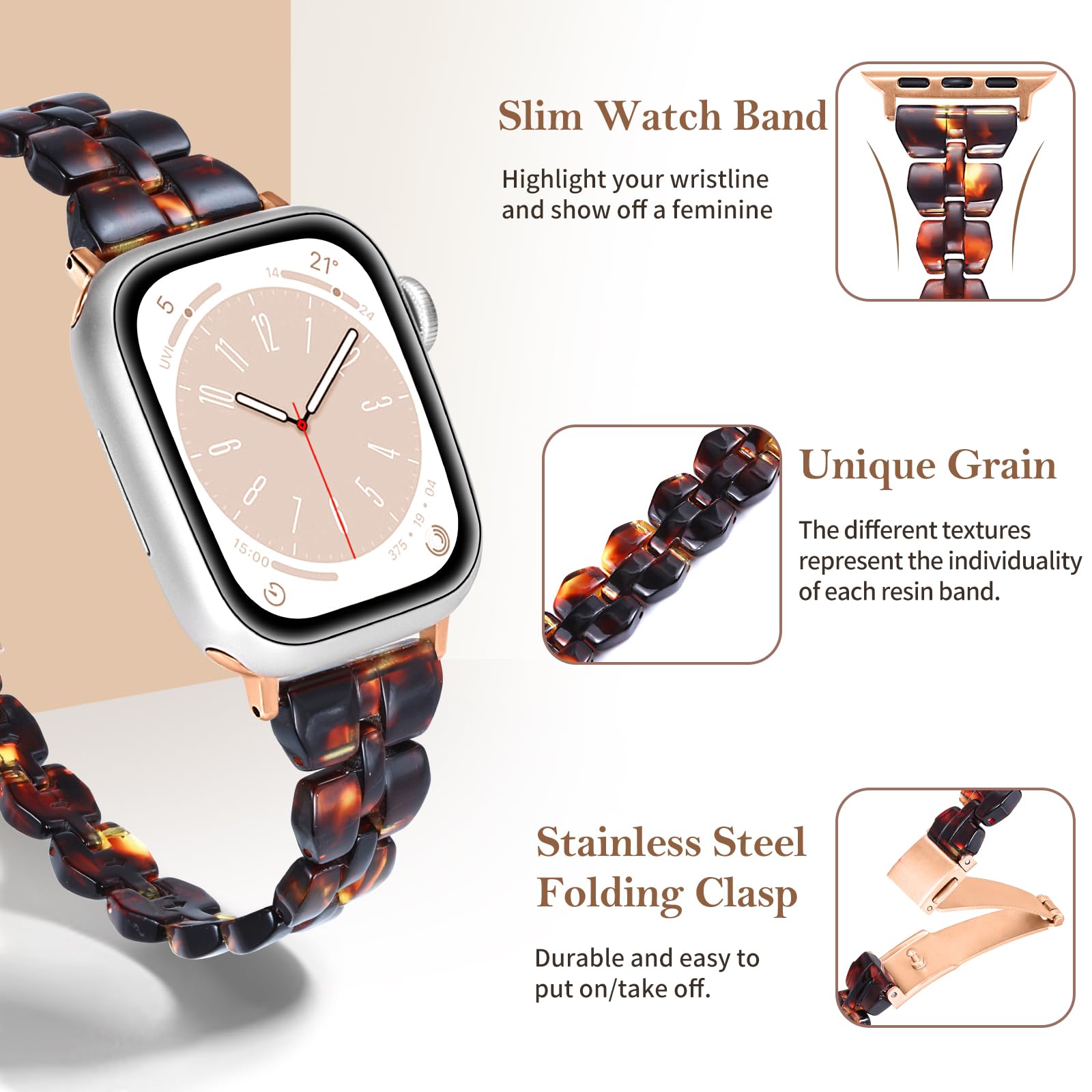 Slim Resin Apple Watch Bands Compatible with 38mm 40mm 41mm 42mm 44mm 45mm 49mm - Lightweight Replacement Wristband for Women - Fits Series 10/9/8/7/SE/6/5/4/3 - Perfect for Workouts, Office & Everyday Wear