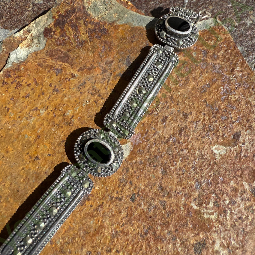 Elegant Sterling Silver Marcasite & Black Enamel Panel Bracelet - Perfect for Evening Wear & Special Occasions