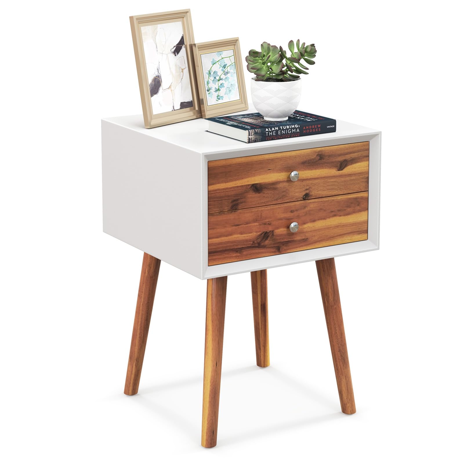 Giantex Mid Century Modern Nightstand - Wooden Bedside Table with 2 Storage Drawers & Solid Wood Legs, White & Walnut - Perfect for Bedroom, Living Room, Guest Room & Dorm (Nightstand, End Table, Side Table)