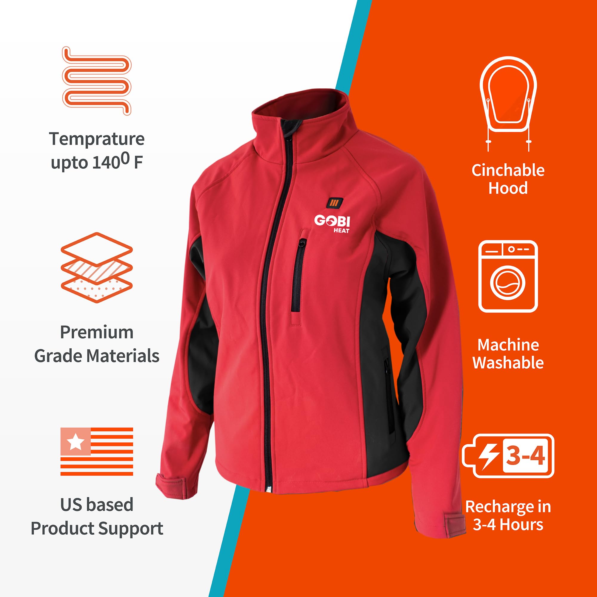 Sahara Women's Heated Jacket with 10-Hour Battery & USB Charger - Machine Washable Winter Coat for Outdoor Activities, Hiking, and Cold Weather Commuting