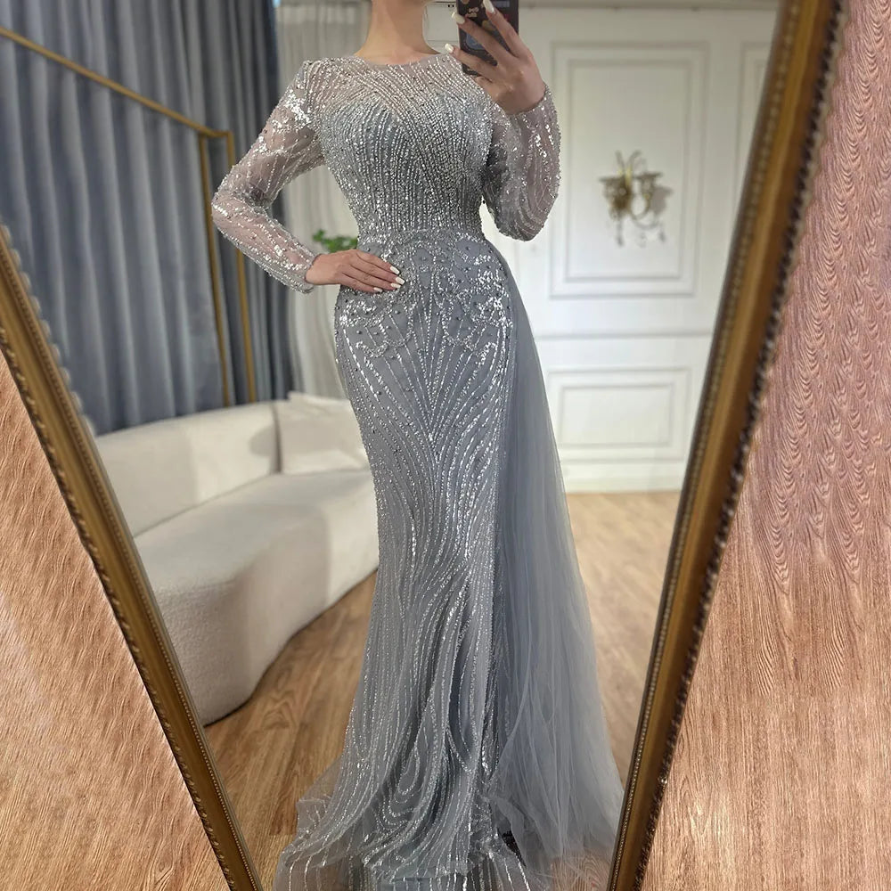 Luxury Dubai Caramel Beaded Mermaid Evening Gown with Overskirt - Arabic Formal Dress for Women - Elegant Long Prom Gown for Weddings, Galas & Special Occasions - LA71673A