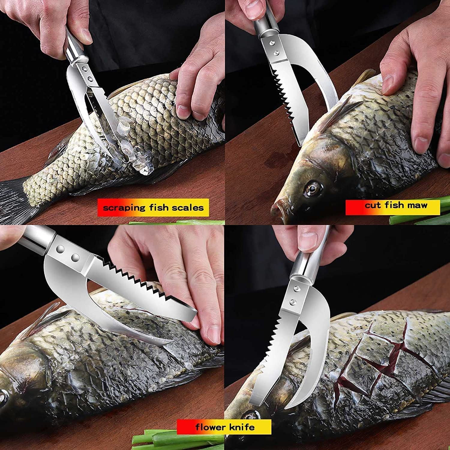 3-in-1 Stainless Steel Fish Scale Knife - Scraper, Digger & Cutter | Professional Fish Cleaning Tool Set (2pcs) for Kitchen & Outdoor Fishing | Perfect for Preparing Fresh Catches at Home or Camping
