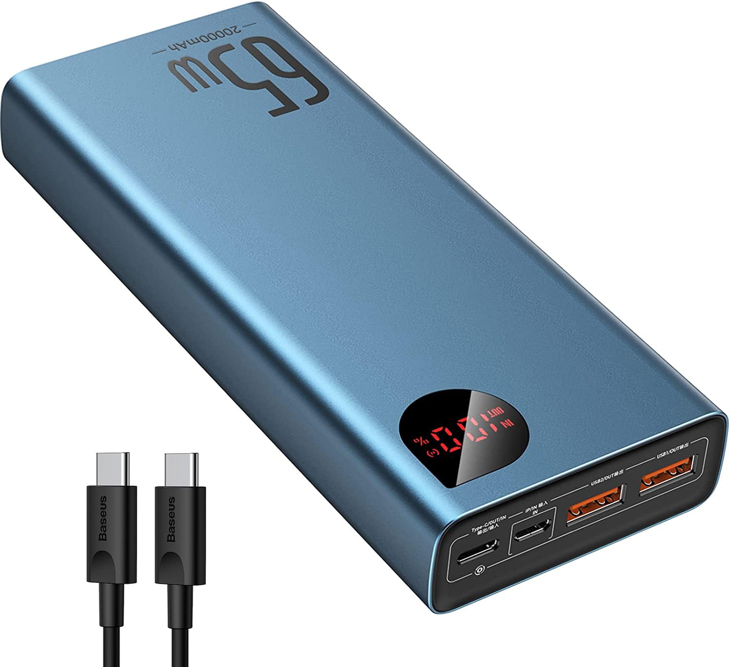Baseus 20000mAh 65W PD3.0 Fast Charging Power Bank - Metal Laptop Portable Charger with 4-Port USB C for MacBook, Dell XPS, iPad, iPhone 15/14/13/12 Pro, Samsung S23/S22, Steam Deck - Perfect for Travel, Work & Gaming