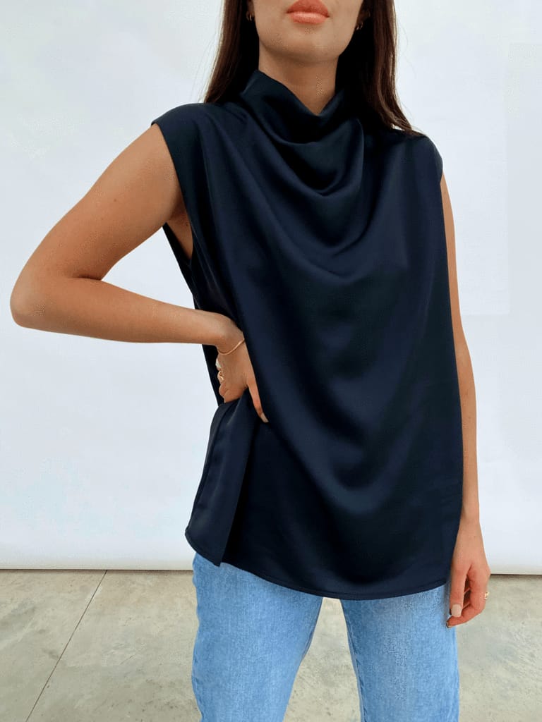 Farrah Funnel Neck Blouse for Women - Elegant Black Long Sleeve Tops - Perfect for Office Wear, Business Casual & Date Night Outfits