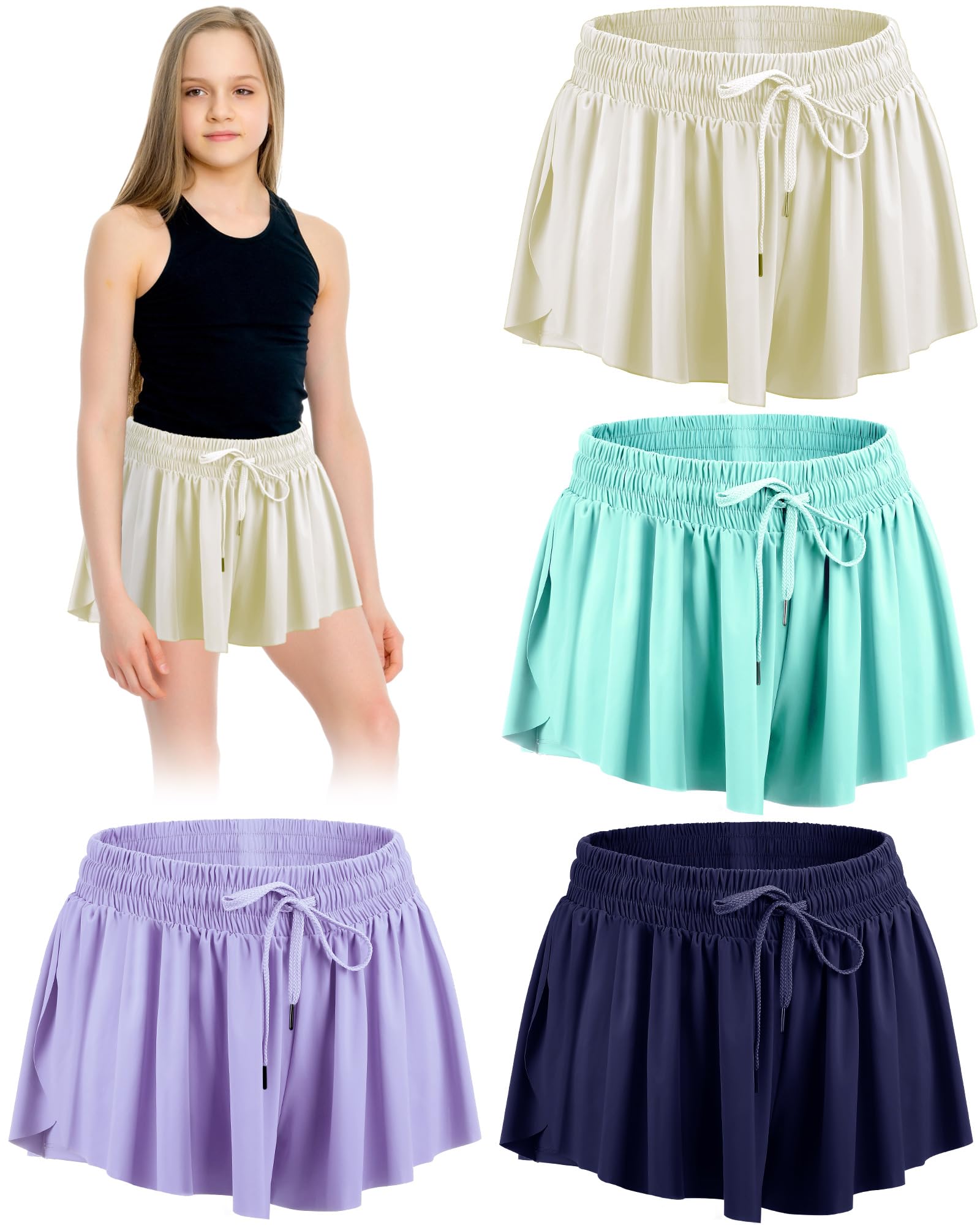 4 Pack Girls 2-in-1 Flowy Running Shorts with Pockets - Teen Kids Butterfly Print Gym Shorts for Women - Summer Workout Yoga Shorts for Running, Gym, and Outdoor Activities